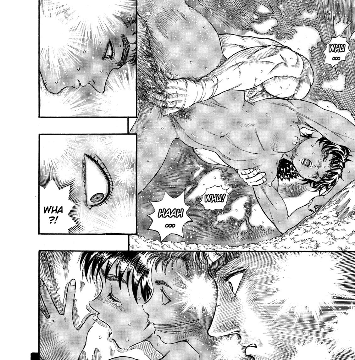 1boy, 1girls, berserk, black hair, blush, blushing, breasts, canon, casca, dark skin, dark-skinned female, dialogue, female, female penetrated, guts (berserk), human, interracial, looking pleasured, male, manga, masturbation, miura kentarou, monochrome, muscular, muscular female, muscular male, penetration, pussy, rough sex, scared, scary, seinen, sex, short hair, small breasts, tears, tears of pleasure, text, vaginal penetration, wet
