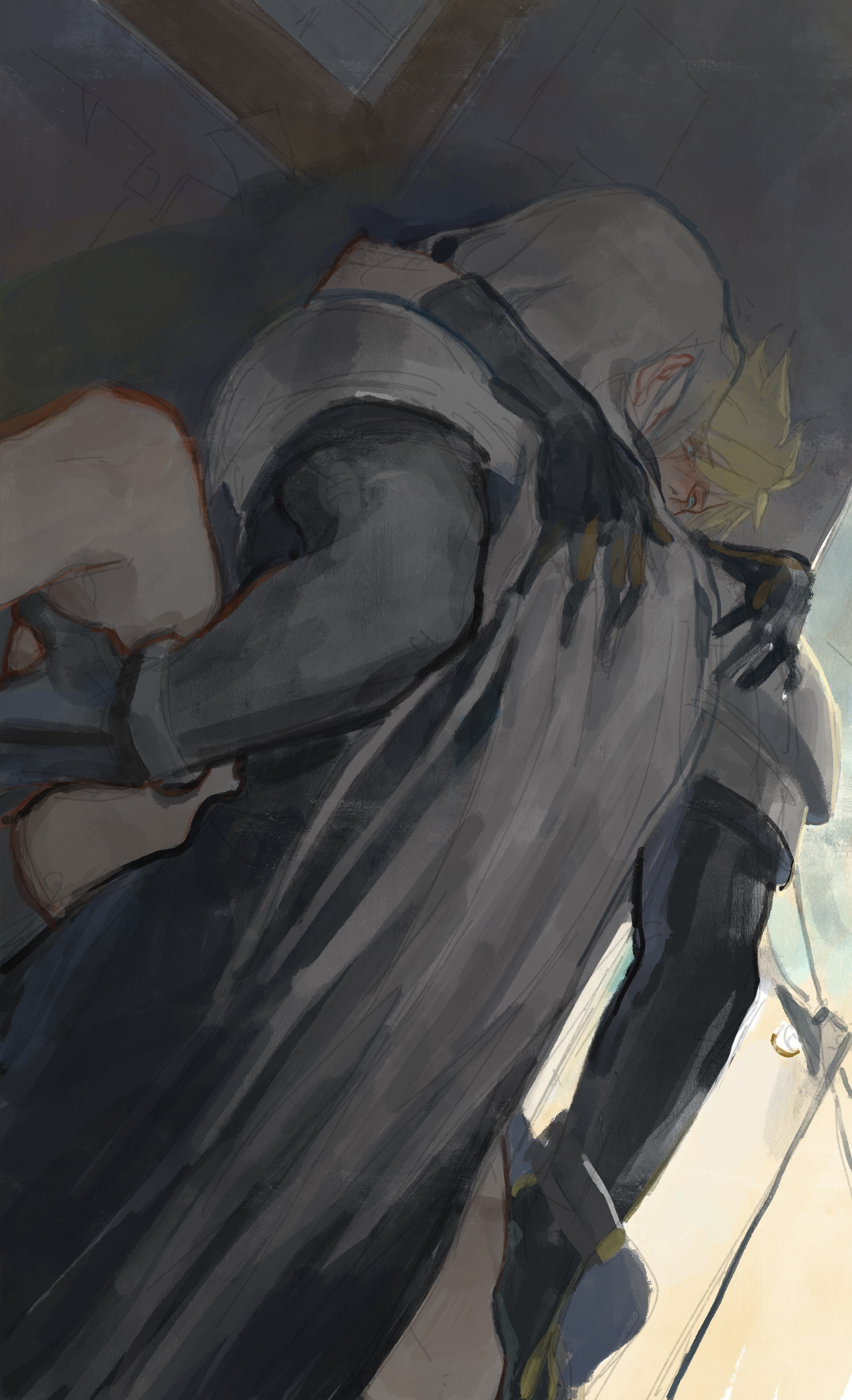 2boys, against wall, blonde hair, blush, carrying, carrying partner, clothed, clothed sex, cloud strife, color, final fantasy, final fantasy vii, gay, gay sex, gloves, hands behind back, implied sex, legs up, light skin, light-skinned male, long hair, male, sephiroth, sex, silver hair, square enix, stand and carry position, tagme, wall, yaoi
