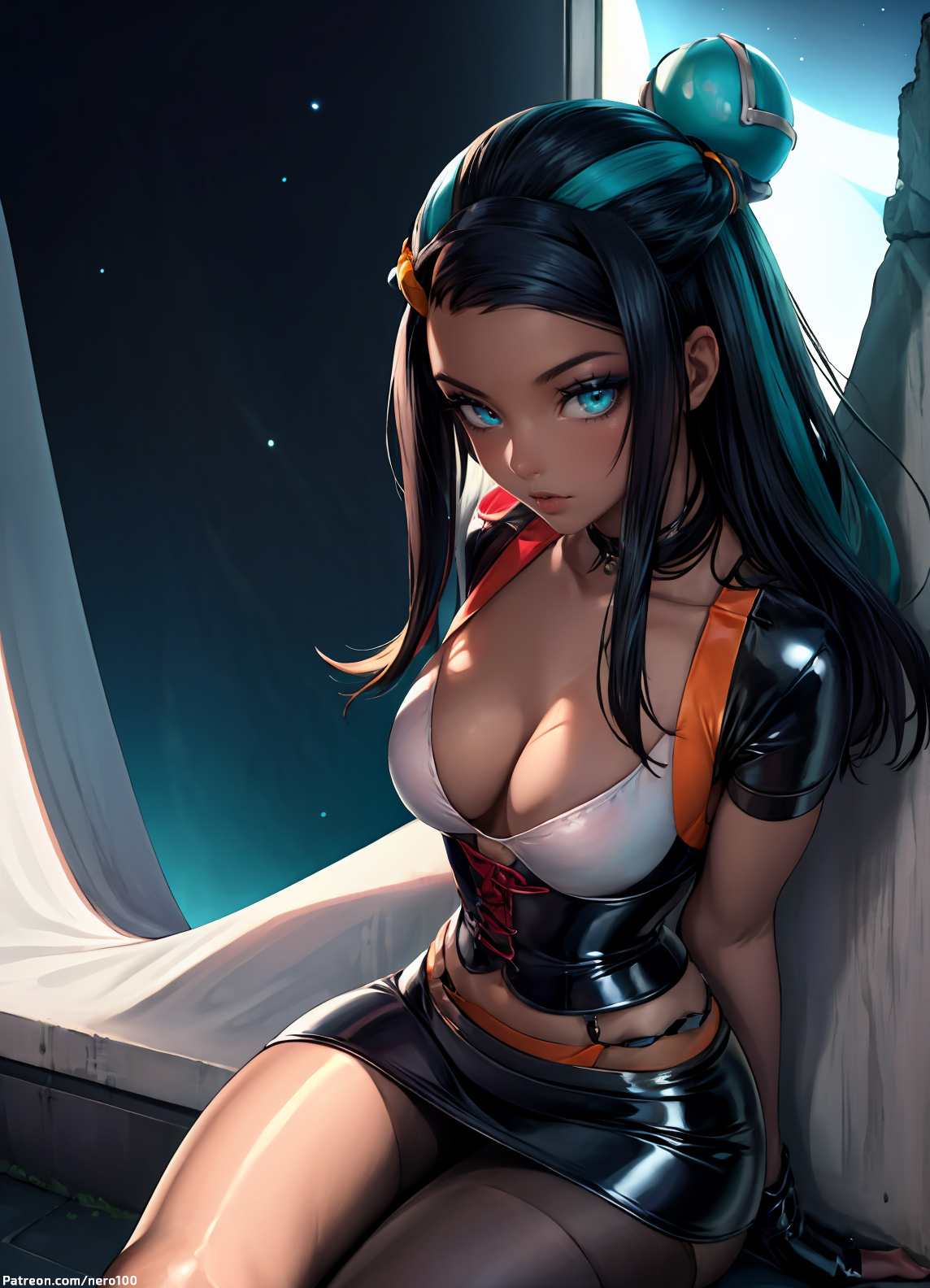 1girls, 2d, ai generated, ass, athletic, athletic female, belly, big ass, big breasts, black hair, black latex, blue eyes, breasts, cameltoe, chest, cleavage, curvy, curvy figure, cute, cute face, dark hair, dark skin, dark-skinned female, detailed, dress, eyelashes, eyeshadow, female, female only, fit, fit female, focus, game freak, high quality, latex, latex clothing, latex suit, legs, lips, lipstick, long hair, looking at viewer, makeup, mascara, midriff, nessa (pokemon), nintendo, pokemon, pokemon (game), pokemon ss, posing, pussy, rubber, rubber clothing, seductive, seductive look, stable diffusion, tagme, tanned, tanned female, tanned skin, thick ass, thick butt, thick thighs, thighs, wide hips