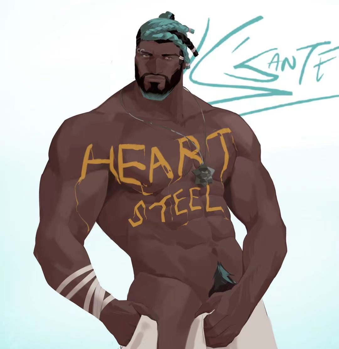 abs bara chest dark-skinned_male heartsteel_k'sante heartsteel_series k'sante league_of_legends lixiao6342 looking_at_viewer male male_focus male_only muscular muscular_male pecs pectorals solo solo_focus solo_male text_on_body towel towel_only