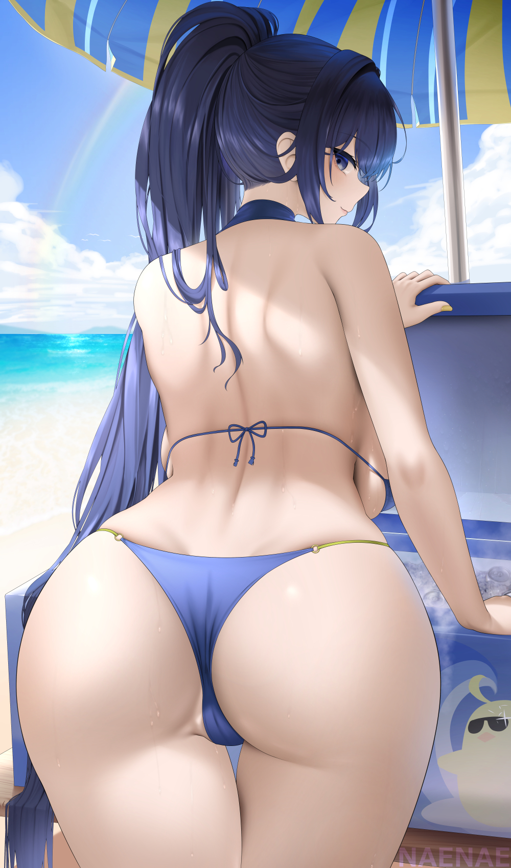 1girls, ass, ass focus, azur lane, beach, bikini, blue bikini, blue eyes, blue hair, breasts, bubble ass, bubble butt, female, fouriasensei, large ass, large breasts, long hair, looking at viewer, new jersey (azur lane), new jersey (midsummer leisure) (azur lane), outdoors, ponytail, thick ass, thick thighs