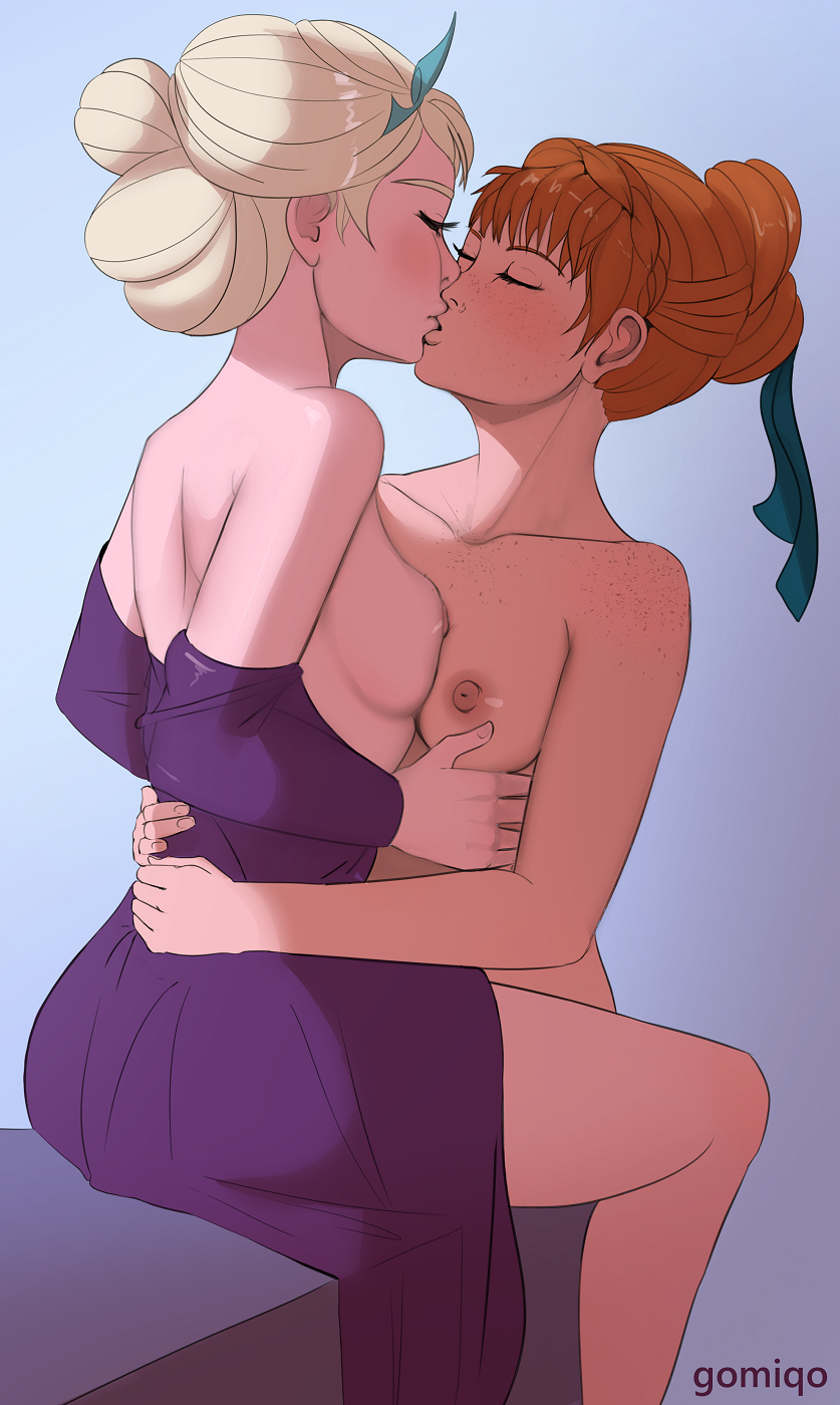 2girls anna_(frozen) artist_logo artist_name blonde_hair blue_background blush braid breast_press breasts_pressed_against_partner closed_eyes clothes_down completely_nude cuddling disney disney_princess dress dress_down ecchi elsa_(frozen) freckles freckles_on_chest freckles_on_face freckles_on_shoulders frozen_(film) frozen_2 gomiqo hair_buns hair_ornament hand_on_another's_stomach hands_around_waist hug hugging incest kiss long_hair medium_breasts multiple_girls nipples nude princess queen red_hair sisters sitting standing yuri