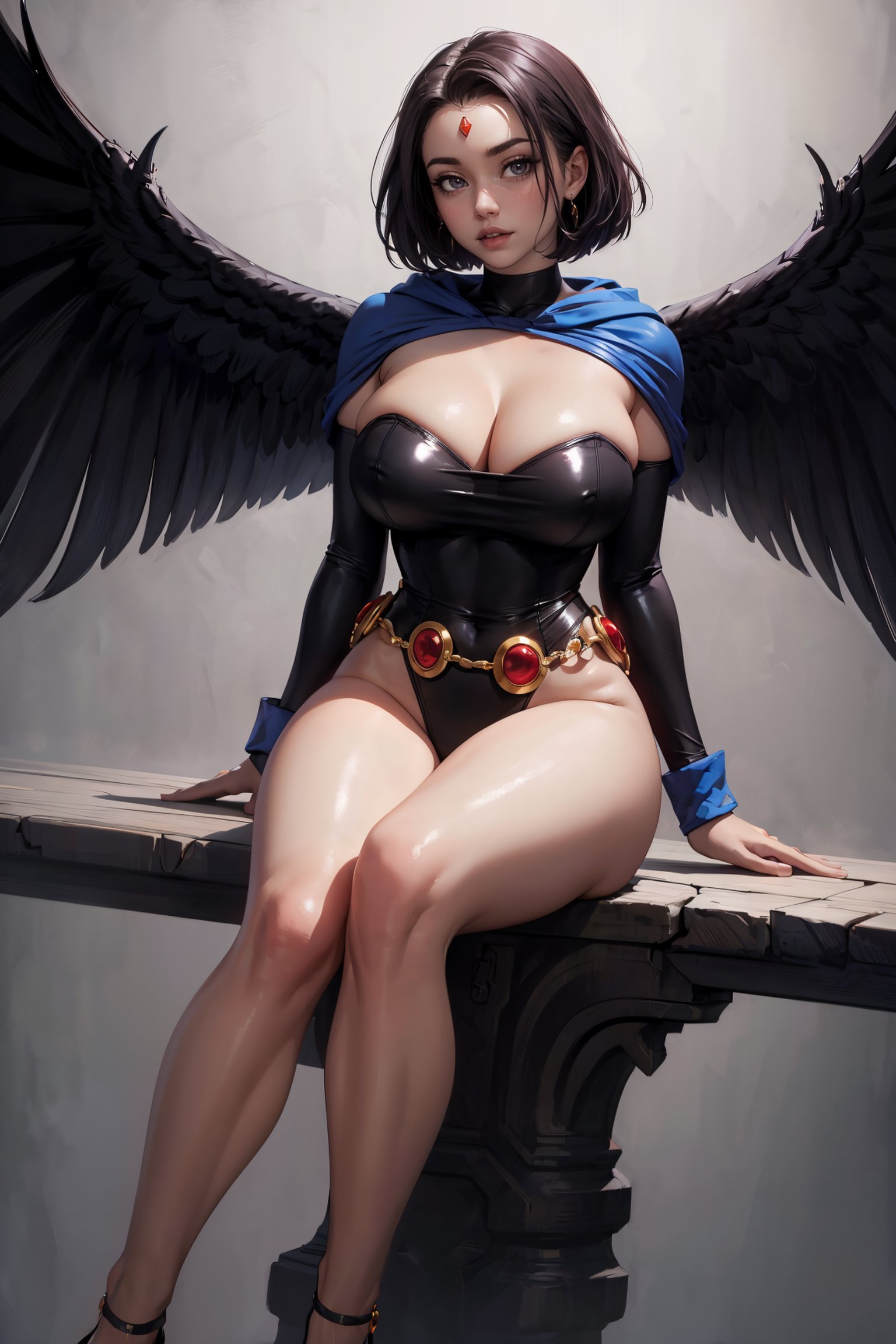 1girls, ai generated, big breasts, black background, breasts, cape, dc, dc comics, demon, demon girl, female, front view, grey eyes, grey skin, league69, leotard, looking at viewer, raven (dc), short hair, teen titans, thick thighs, thighs, wings