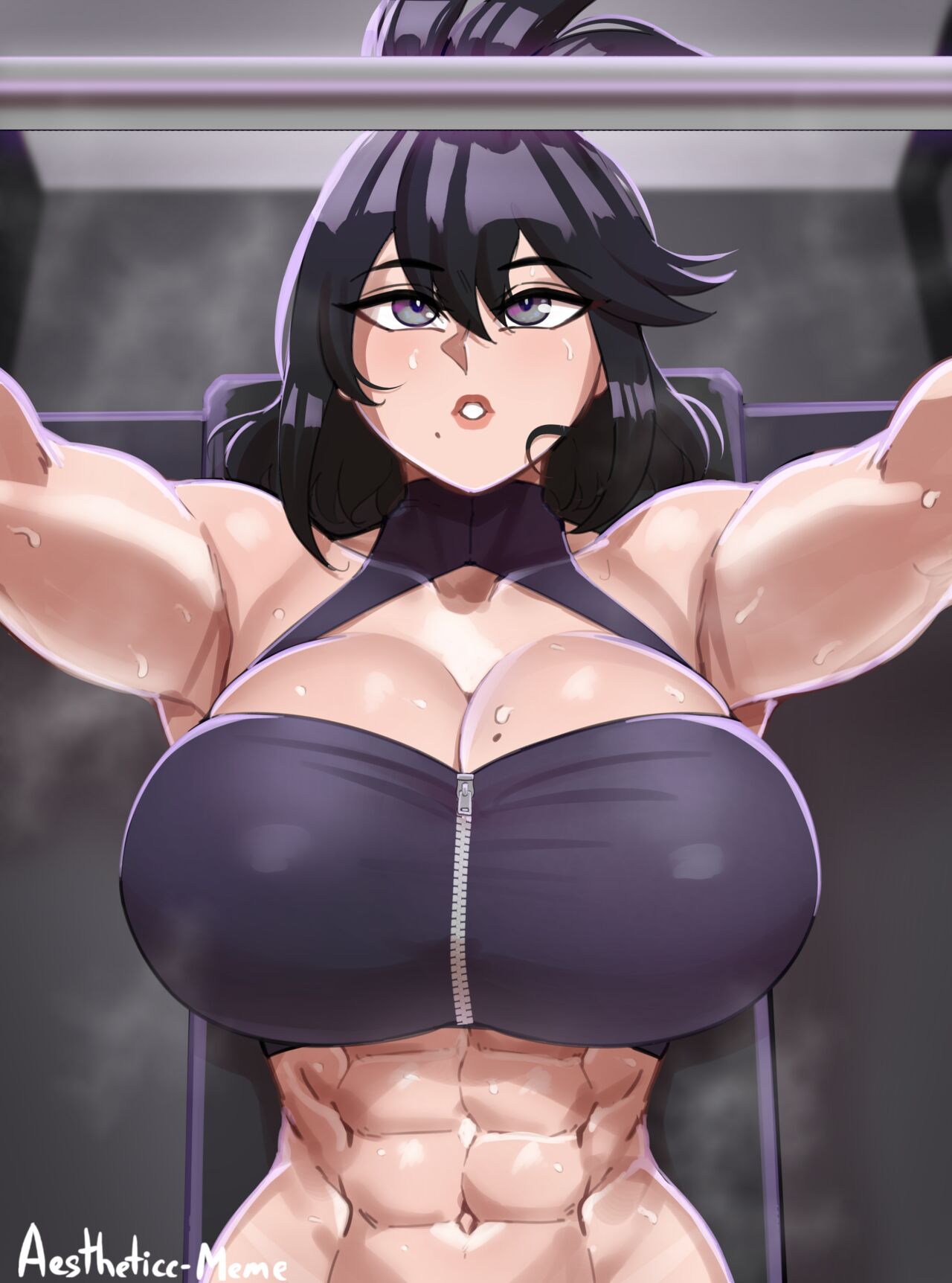1girls, abs, aestheticc-meme, big breasts, black hair, blush, breasts, cleavage, clothed, clothing, exercise, female, female focus, female only, grey eyes, gym, large breasts, lifting, light skin, light-skinned female, long hair, looking at viewer, milf, muscular, muscular female, my hero academia, nana shimura, on back, solo, solo female, superheroine, sweat