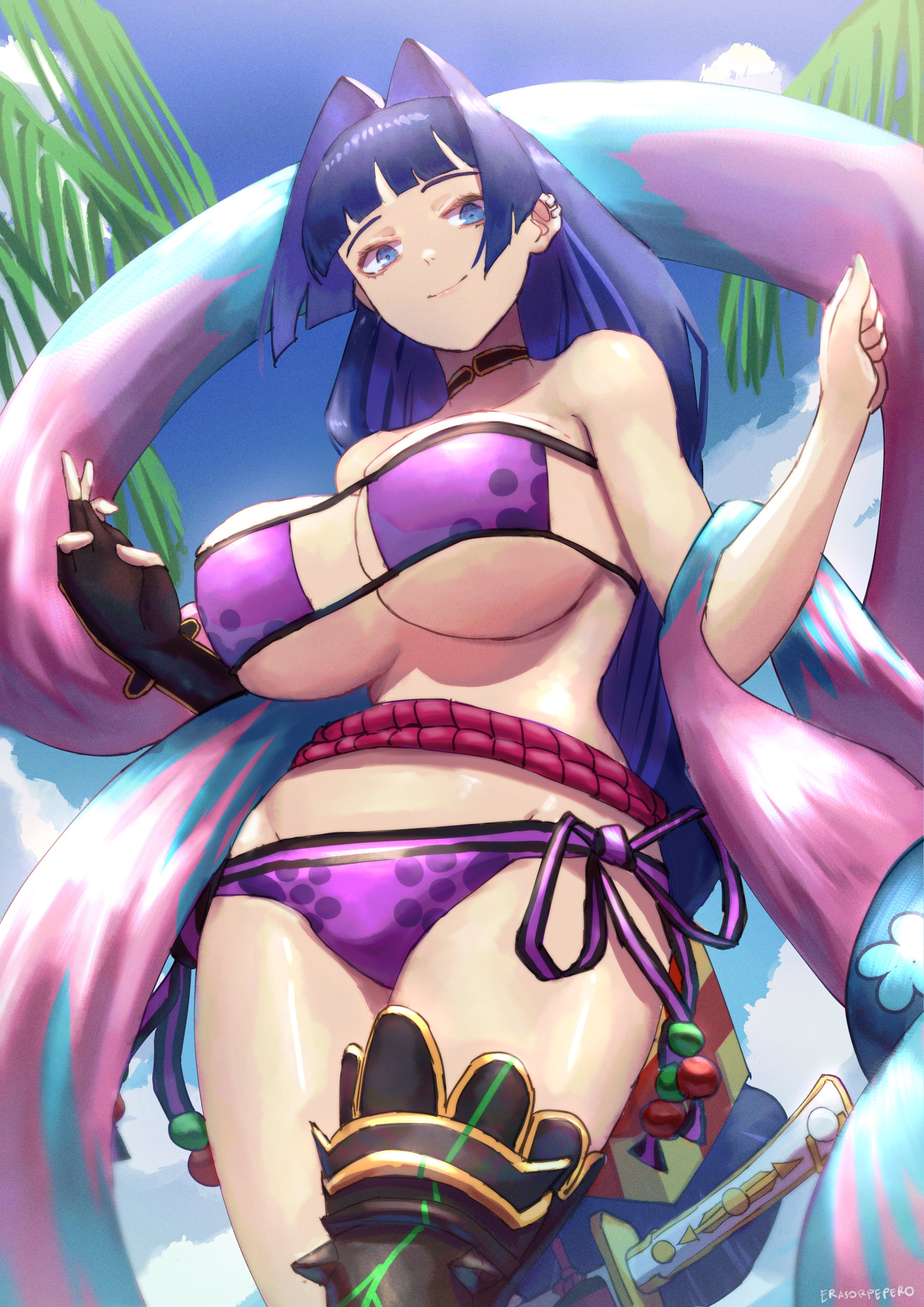1girls, artist request, blue eyes, blue hair, breasts, cosplay, eyepatch bikini, fate (series), fate/grand order, female, hololive, hololive english, hololive english -council-, hololive english -promise-, huge breasts, light skin, light-skinned female, long hair, minamoto no raikou (swimsuit lancer) (fate) (cosplay), ouro kronii, outfit swap, virtual youtuber