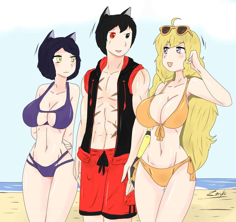 beach bikini bikini_bottom bikini_top black_eye black_hair black_hair_female blake_belladonna blonde_female blonde_hair cat_ears jin_satou original_character purple_eyes red_eye robotic_arm rwby scar_across_eye scars yang_xiao_long yellow_eyes zronku