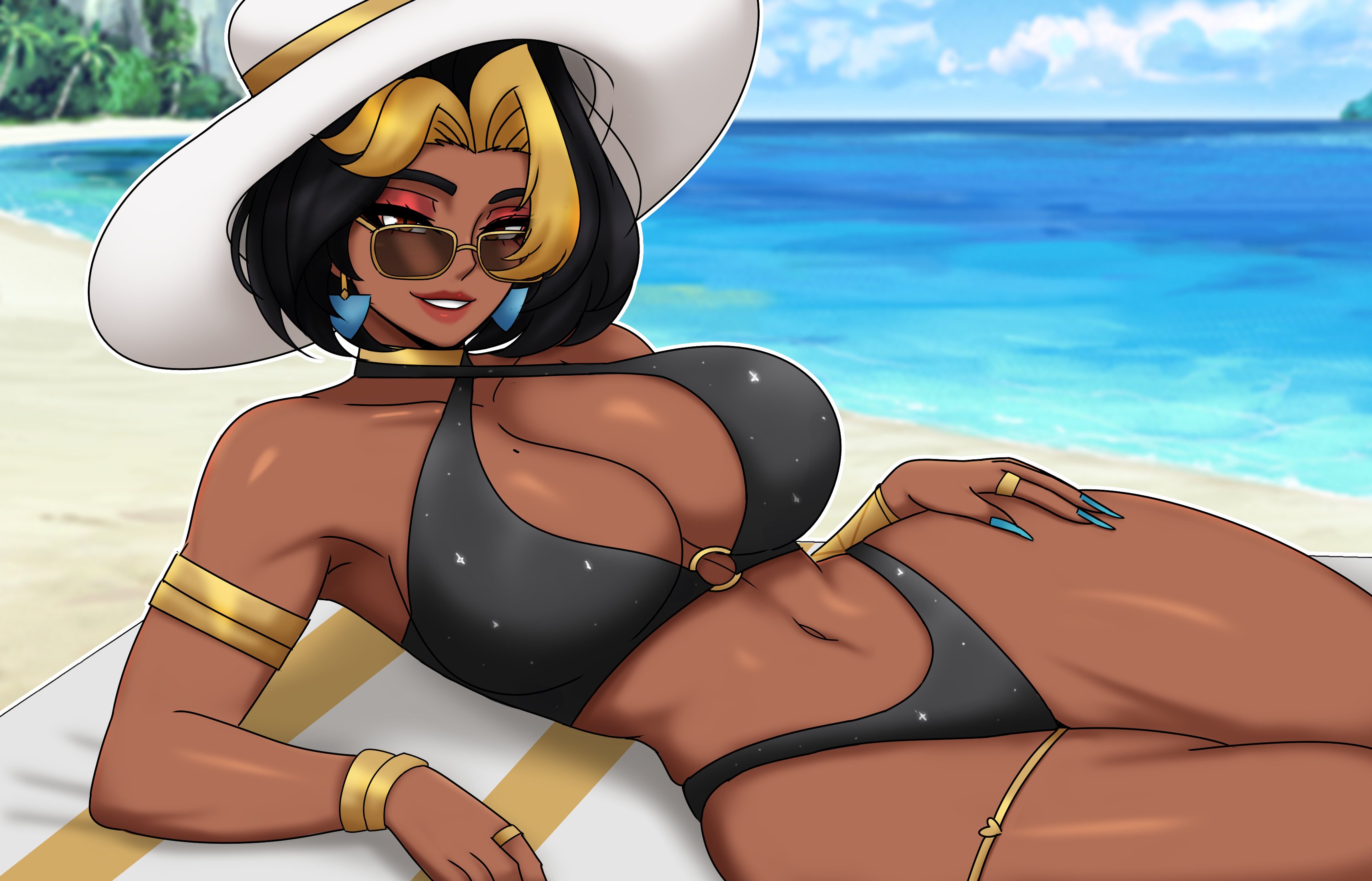 1girls, beach, big breasts, bikini, black hair, blizzard entertainment, blurry, bracelet, bravebengal, breasts, cleavage, dark skin, dark-skinned female, domina, hat, horizon, huge breasts, jewelry, lips, lipstick, looking at viewer, looking over eyewear, looking over sunglasses, lying, makeup, mole, mole on breast, nail polish, navel, o-ring bikini, ocean, on side, overwatch, overwatch 2, ring, short hair, smile, solo, sun hat, sunglasses, swimsuit, thick thighs, thighs, tiger toa, tinted eyewear, vaira singhania, very dark skin