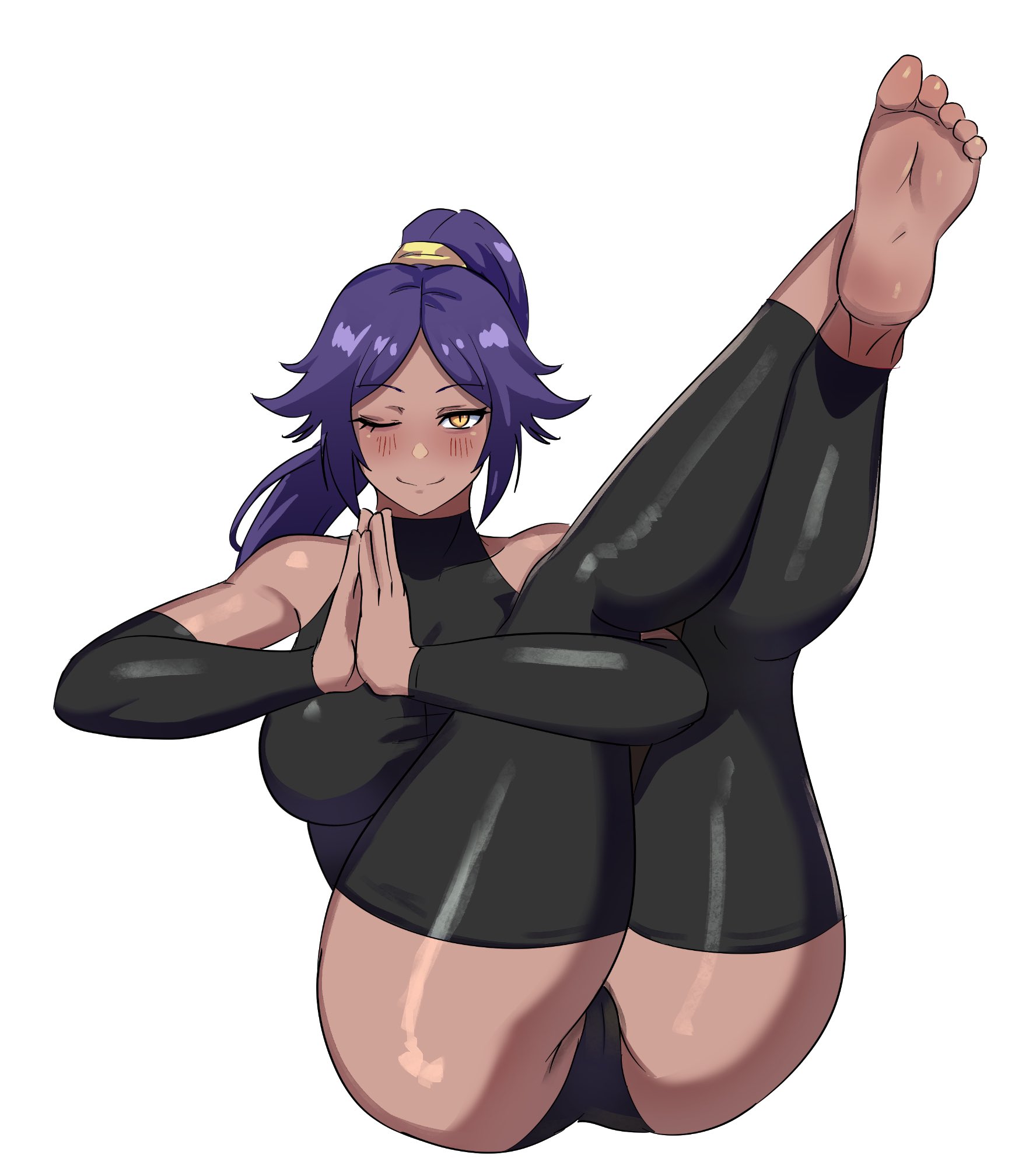 1girls, ass, bleach, breasts, brown skin, dark skin, dark-skinned female, feet, female, fingerless gloves, foot fetish, large ass, leotard, long hair, purple hair, shihouin yoruichi, simple background, thick thighs, toeless legwear, yellow eyes, ytrall
