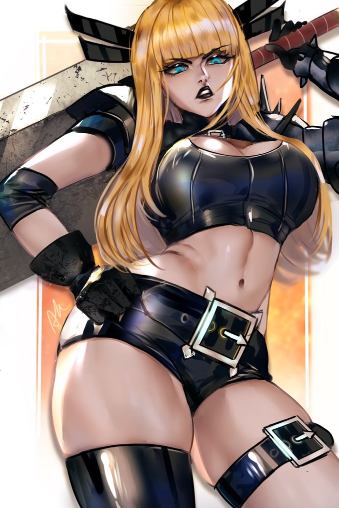 ai_generated arialla_draws big_breasts blonde_female blonde_hair blue_eyes magik_(illyana_rasputin) magik_(marvel_rivals) sword voluptuous voluptuous_female