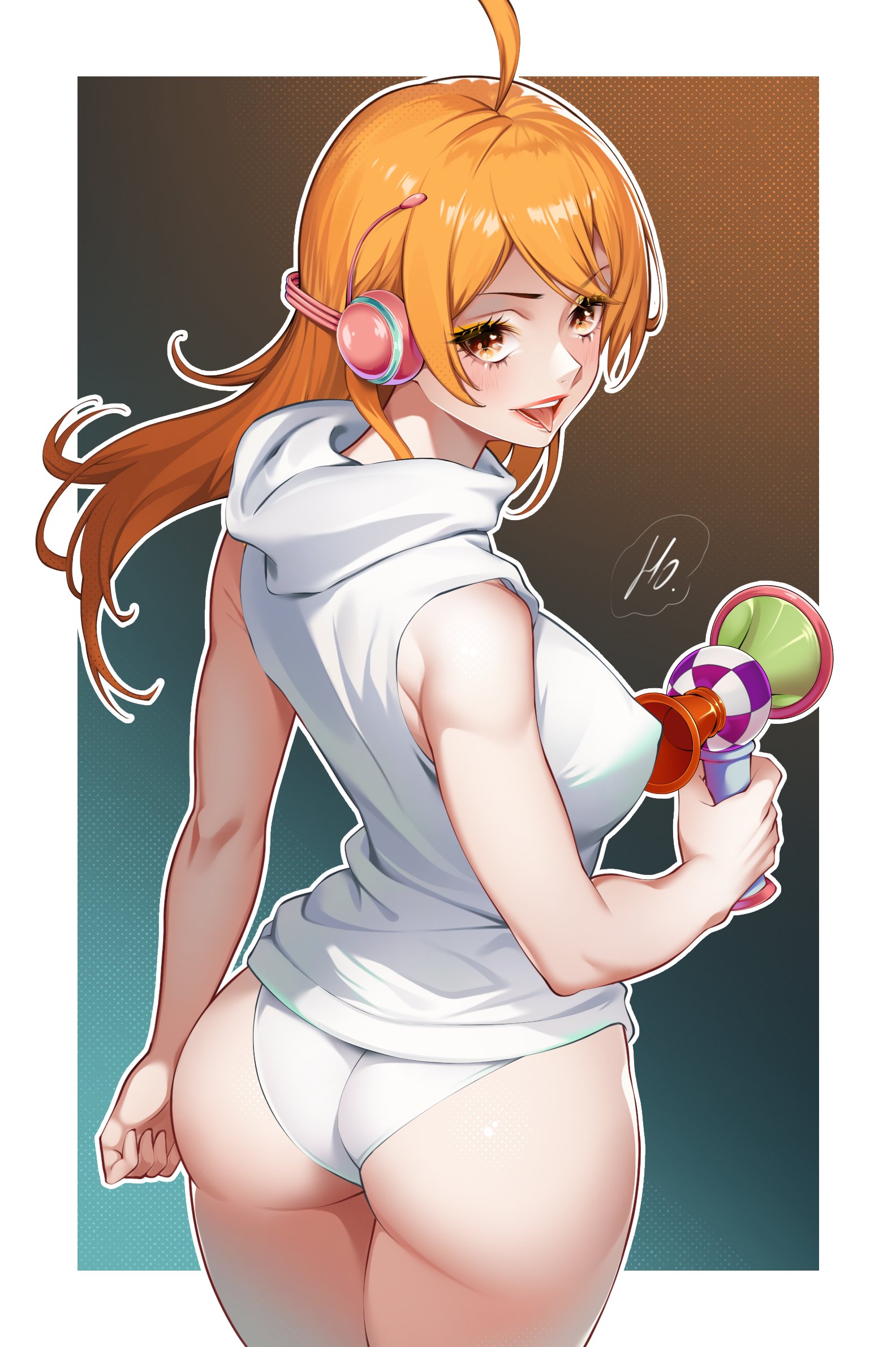 1girls, ass, ass focus, back, back view, bare legs, bare thighs, big breasts, breasts, clothed, clothing, egghead, female, female focus, female only, headphones, ho70994095, large breasts, light skin, light-skinned female, long hair, looking at viewer, looking back, nami (one piece), nipples visible through clothing, one piece, one piece: egghead arc, open mouth, orange eyes, orange hair, orange-haired female, post-timeskip, shounen jump, solo, solo female, thick thighs, tongue, tongue out