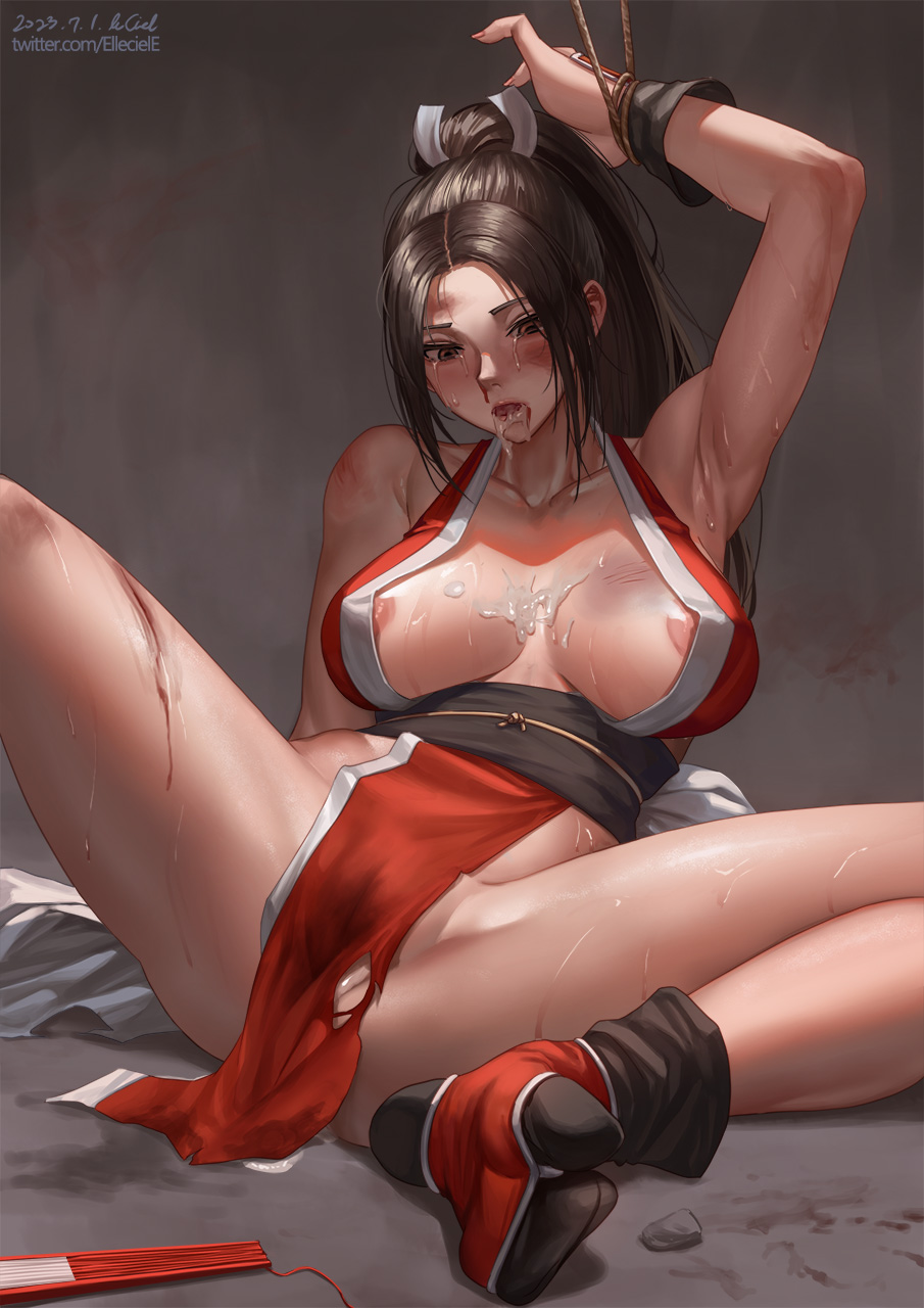 after_fellatio against_wall arm_up armpit_crease armpits bare_legs bare_shoulders bleeding blood breasts broken_rape_victim brown_hair bruise collarbone cum cum_in_mouth cum_on_floor elleciel.eud fatal_fury female high_ponytail highres injury japanese_clothes king_of_fighters large_breasts long_hair mai_shiranui nipple_slip nipples nosebleed on_floor ponytail retrained ryona scratches sweat tears thighs torn_clothes