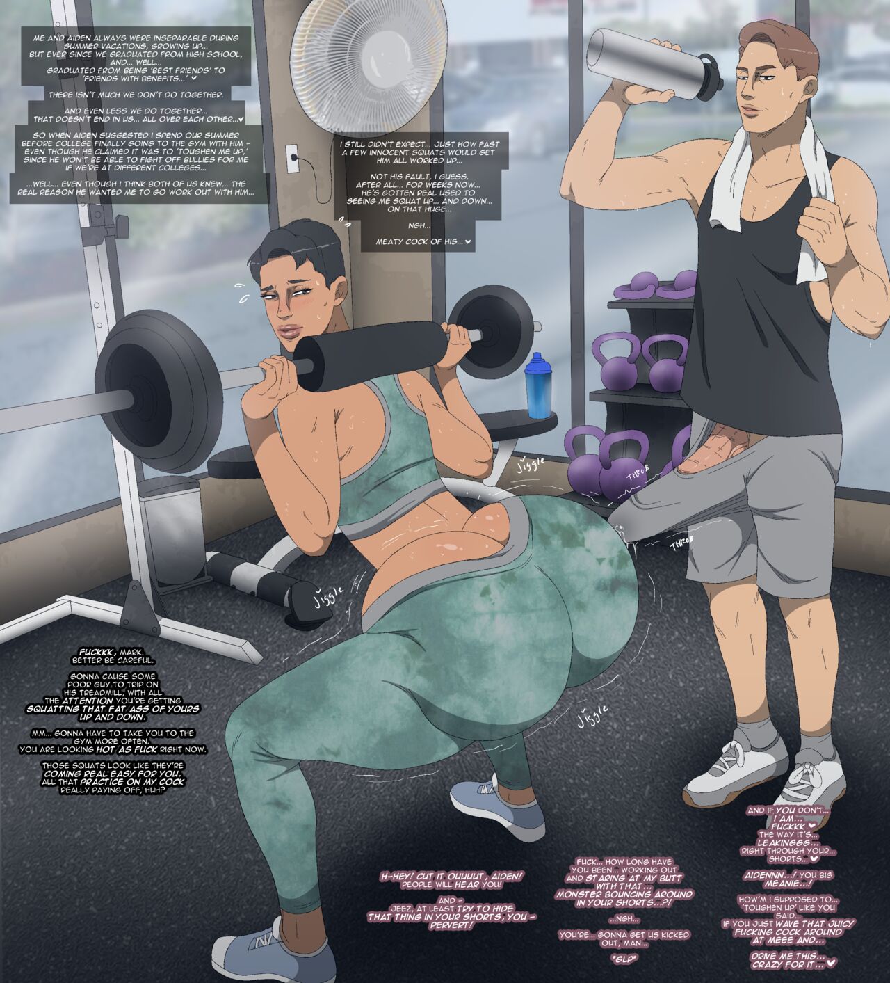 2023 2boys ahe_gao aiden_(contingency) androgynous big_dick big_penis bulge contingency dialogue english_text femboy femboysub gym gym_uniform male_on_femboy mark_(contingency) sissy tagme