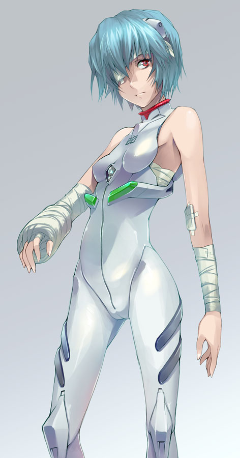 asaki_takayuki bandage blue_hair cast clothing eye_patch female female_only hair human neon_genesis_evangelion plugsuit red_eyes rei_ayanami short_hair small_breasts solo