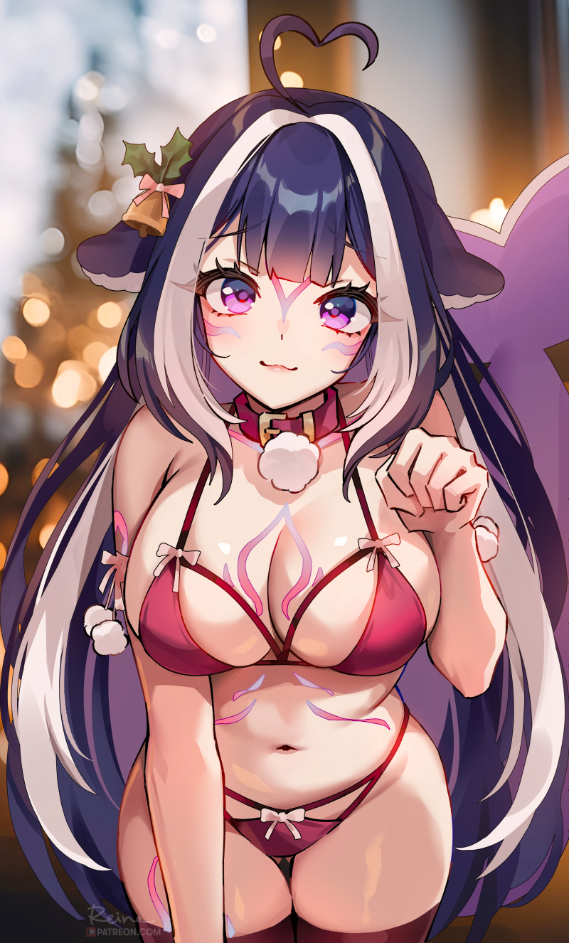 1girls ahoge bikini blue_hair body_markings breasts christmas female foxy_rain_(foxyreine) foxyrain foxyrain_(foxyreine) foxyreine hi_res indie_virtual_youtuber large_breasts light-skinned_female light_skin long_hair naughty_face shylily virtual_youtuber