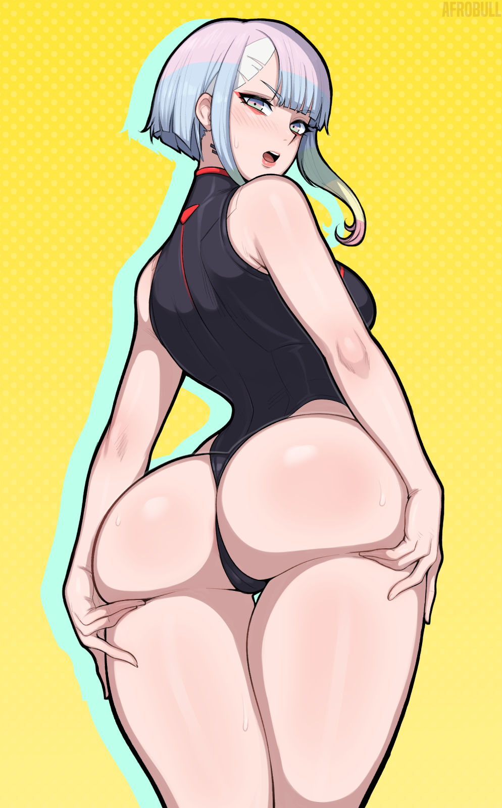 1girls, afrobull, ass, ass focus, ass grab, breasts, cyberpunk 2077, cyberpunk: edgerunners, female, highleg leotard, huge ass, leotard, light skin, looking back, lucyna kushinada, no source, small nose, solo, standing, thick thighs, thin eyebrows