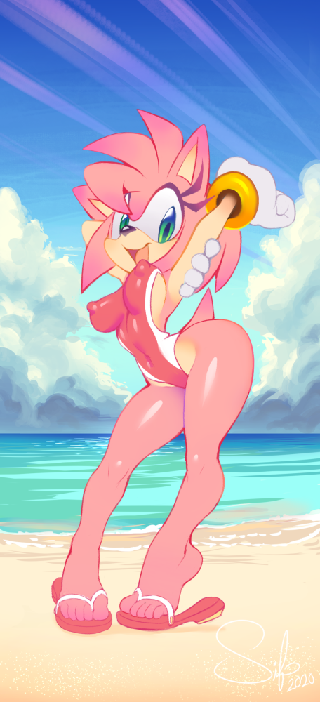 amy_rose female furry looking_at_viewer nipples_visible_through_clothing sandals sif_(artist) smiling_at_viewer solo_female sonic_(series) sonic_the_hedgehog_(series) swimsuit wide_hips