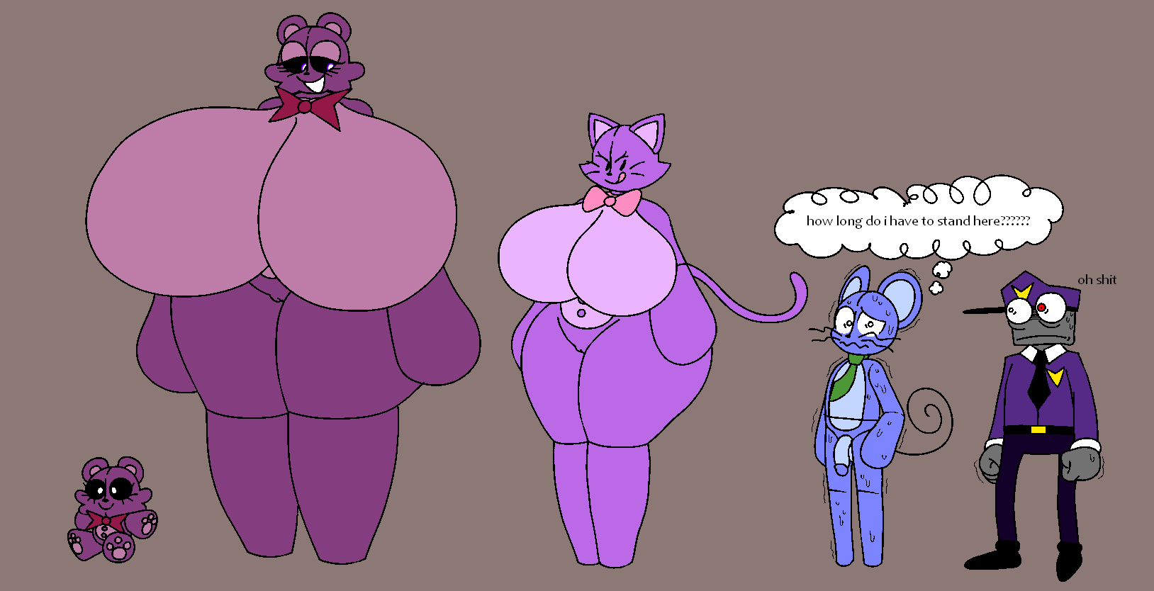 2boys 2girls ass_bigger_than_head big_ass bigger_female breasts_bigger_than_head casual casual_nudity catty_(gremlingrounded) doll doll_girl female five_nights_at_freddy's gremlingrounded huge_ass huge_breasts hyper_breasts jerri_(gremlingrounded) lovedoll_toy_factory nippleless nude penis robot robot_girl security_guard smaller_female smaller_male teasing teddibear_(gremlingrounded)