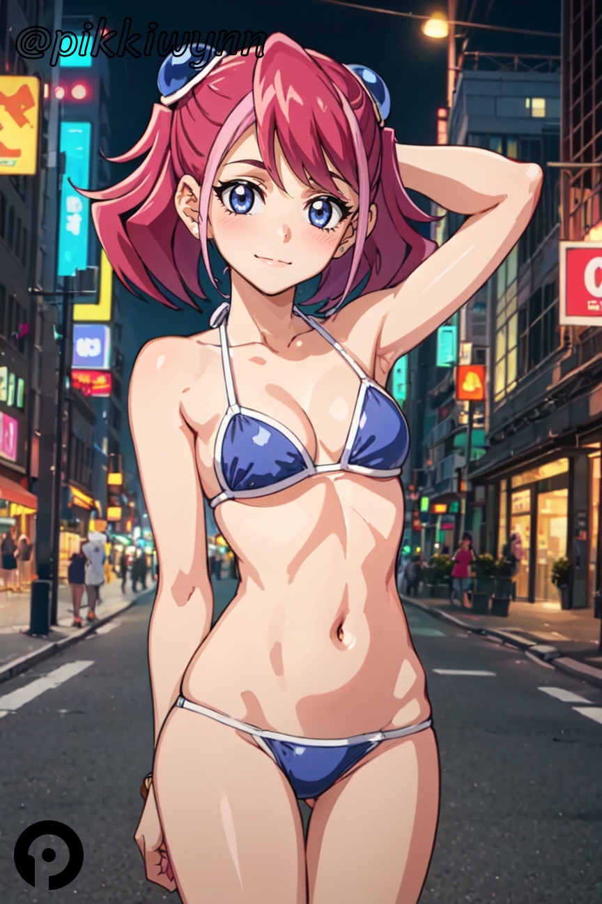 ai_generated arm_behind_head arm_up ass_visible_through_thighs bikini blue_bikini blue_eyes blush bracelet breasts collarbone cowboy_shot female hiiragi_yuzu jewelry looking_at_viewer multicolored_hair navel night outdoors pikkiwynn pink_hair small_breasts smile solo_focus street swimsuit thigh_gap twintails two-tone_hair yu-gi-oh! yu-gi-oh!_arc-v yuzu_hiiragi zuzu_boyle