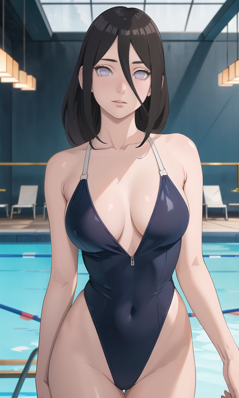 1girls adapted_costume ai_generated back_view backless_swimsuit bare_legs bare_shoulders bare_thighs big_breasts blush boruto:_naruto_next_generations breasts brown_hair cleavage facing_viewer from_behind front_view highleg highleg_swimsuit huge_breasts hyuuga_hanabi in_water indoors looking_at_viewer looking_back looking_back_at_viewer nai_diffusion naruto naruto:_the_last naruto_(series) naruto_shippuden one-piece_swimsuit partially_submerged pool purple_swimsuit rear_view revealing_clothes shinigamiez smile solo solo_focus stable_diffusion swimming_pool swimsuit thick_thighs thighs very_long_hair viewed_from_behind violet_eyes voluptuous voluptuous_female water