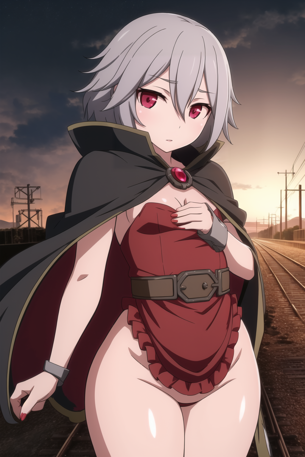 1girls 2023 ai_generated bangs belt blush breasts cape cowboy_shot female female_focus female_only grey_hair hair hair_between_eyes hakika high_resolution highres looking_at_viewer nail_polish original outdoors phalzu red_eyes self_upload short_hair sky small_breasts solo solo_female solo_focus