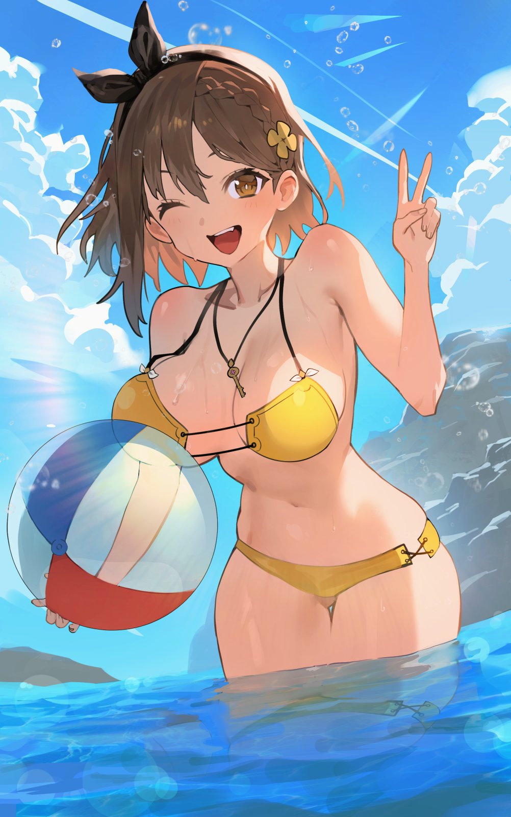 atelier_(series) atelier_ryza ball bikini breasts curvy cute hood_x_art midriff open_mouth peace_sign reisalin_stout short_hair thighs wink