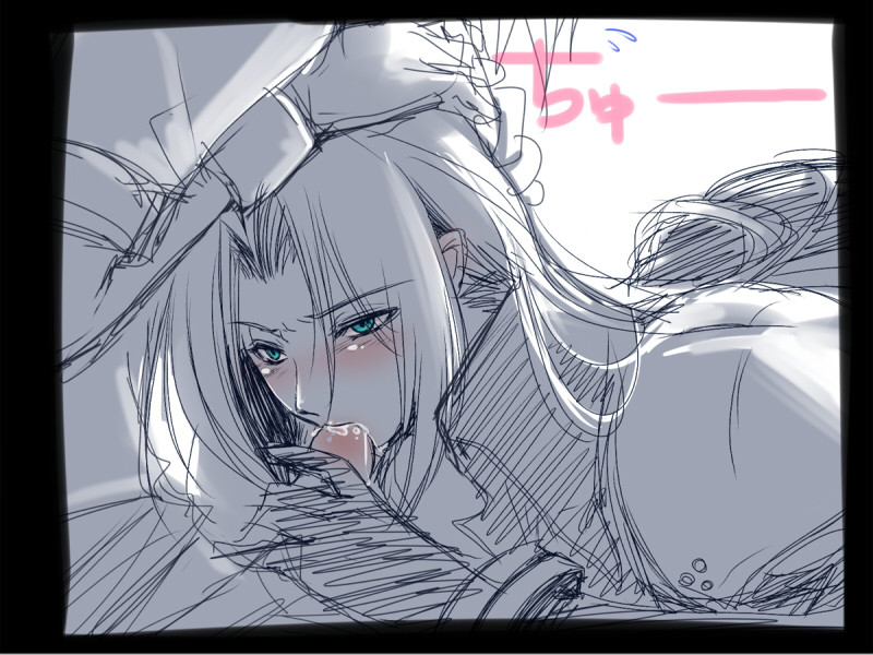 2boys blush clothed cum cum_in_mouth fellatio femboy feminine_male final_fantasy final_fantasy_vii gay green_eyes hand_on_head long_hair male male/male male_only oral oral_sex penis penis_in_mouth sephiroth shima_chiyo sketch square_enix tagme uncolored white_background yaoi