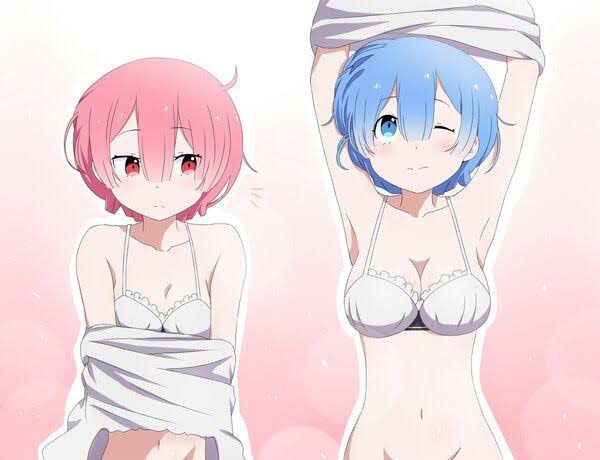2girls, armpits, arms up, bangs, big breasts, blue eyes, blue hair, bra, breast envy, breasts, female, female only, hair between eyes, kawakun, matching hair/eyes, navel, pink eyes, pink hair, ram (re:zero), re:zero kara hajimeru isekai seikatsu, rem (re:zero), short hair, simple background, sisters, small breasts, twins, underwear, underwear only, undressing, undressing self, upper body, white bra