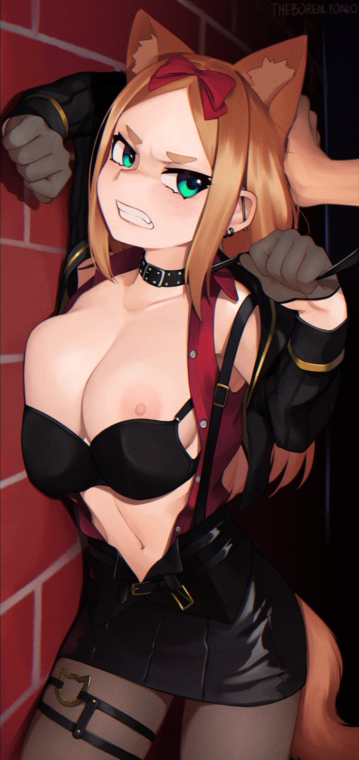 1boy, 1girls, against wall, animal ears, big breasts, blush, bra, breasts, brown hair, cat ears, collar, earrings, female, fran (gudanco (nyanmeowzer)), gloves, green eyes, looking back, male, open clothes, original, pantyhose, partially clothed, presenting, ribbon, tail, thick thighs, yoako