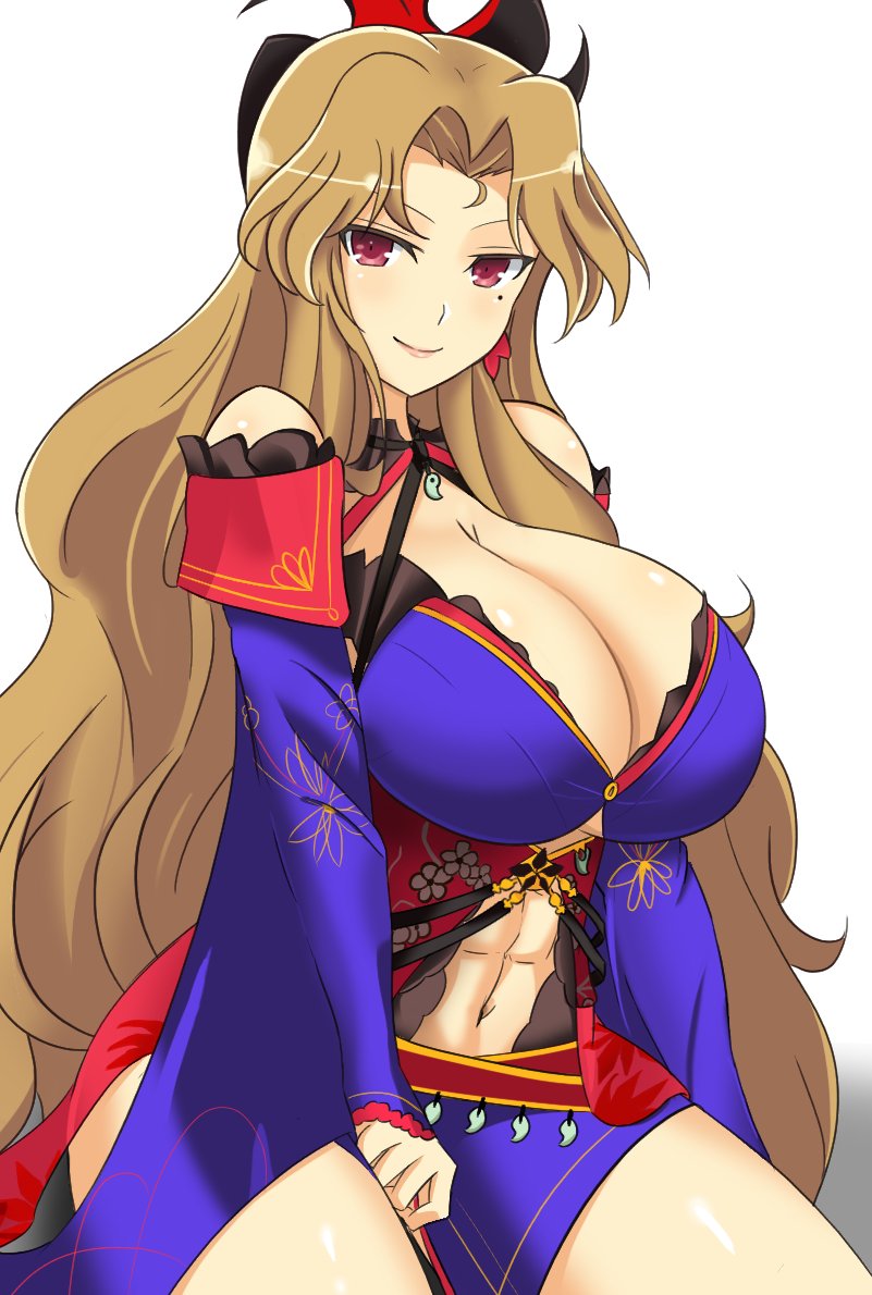 bare_legs breasts cosplay daidouji_(senran_kagura) detached_sleeves fate/grand_order fate_(series) female large_breasts long_hair looking_at_viewer lughost miyamoto_musashi_(fate) miyamoto_musashi_(fate)_(cosplay) navel orange_eyes orange_hair senran_kagura smile solo very_long_hair