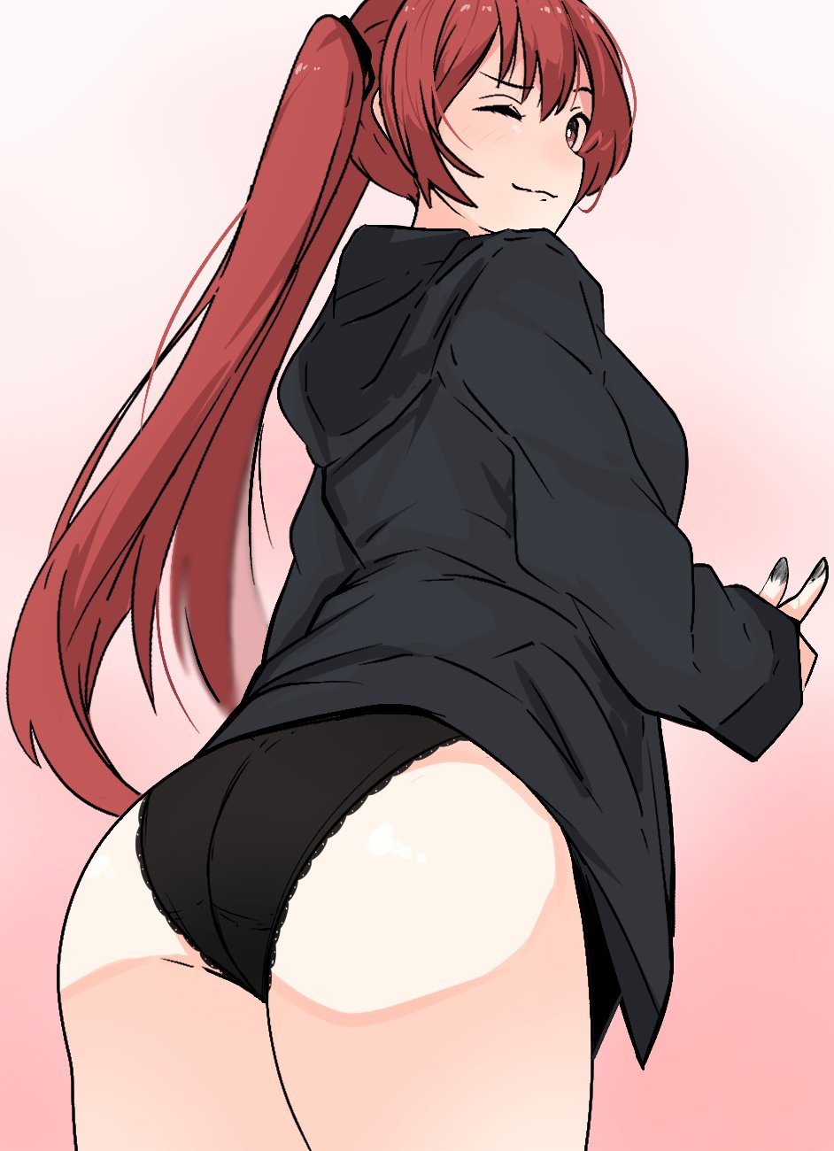 1girls ass ass_focus big_ass black_panties blush blushing female female_only fire_emblem fire_emblem_awakening fire_emblem_fates gradient_background looking_at_viewer looking_back nintendo no_pants one_eye_closed panties pink_background red_hair selena_(fire_emblem_fates) severa_(fire_emblem) simple_background solo tavi_(hosheezus) twintails underwear wink