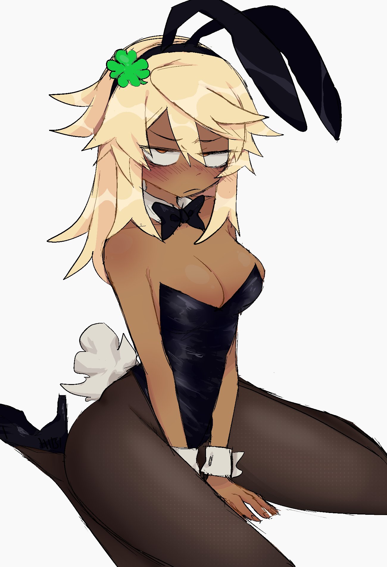 blonde female, blonde hair, blonde-haired female, blush, blush lines, blushing at viewer, bowtie, brown skin, bunny, bunny costume, bunny ear, bunny ears, bunny tail, bunnysuit, cleavage, dark skin, dark-skinned female, detached collar, detached sleeves, embarrassed, embarrassed female, female, guilty gear, hair between eyes, hair ornament, hibi (dustbinrat), high heels, leotard, messy hair, pantyhose, playboy bunny, ramlethal valentine, small pupils, white background