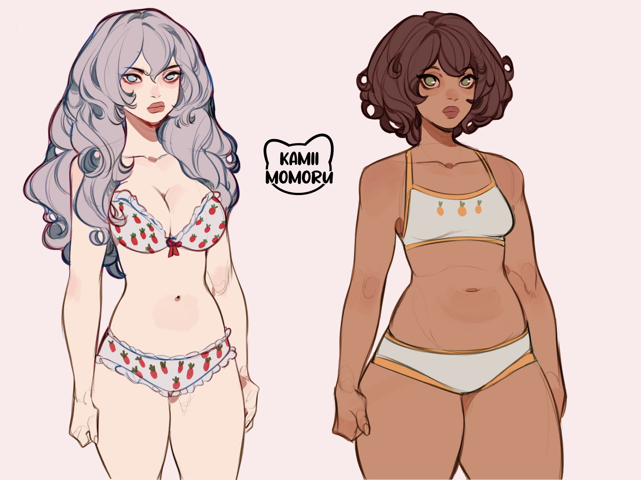 2girls, abbi (kamii momoru), belly, belly button, big breasts, blue eyes, bra, breasts, brown hair, chubby, courtney (kamii momoru), curly hair, cute, dark skin, dark-skinned female, female, female focus, female only, green eyes, kamii momoru, large breasts, light skin, light-skinned female, lingerie, long hair, midriff, midriff baring shirt, monochrome background, navel, oc, original, original character, pale skin, pale-skinned female, panties, pineapple, pink background, sfw, short hair, side by side, slim, slim waist, small breasts, strawberry, tagme, underwear, white hair, wide hips