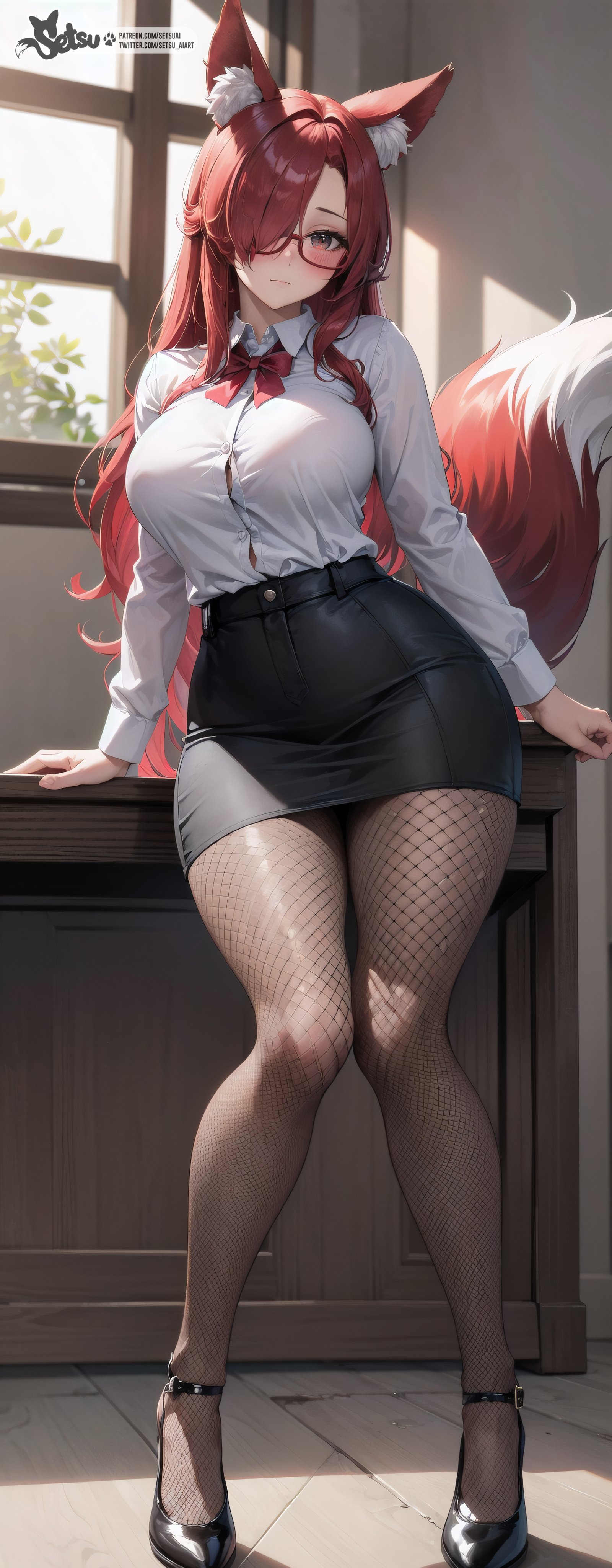 1girls, ai generated, female, fox ears, fox girl, fox tail, girly, glasses, heels, high heels, legwear, office lady, red glasses, red hair, setsuaiart, skirt, solo, solo female, tagme