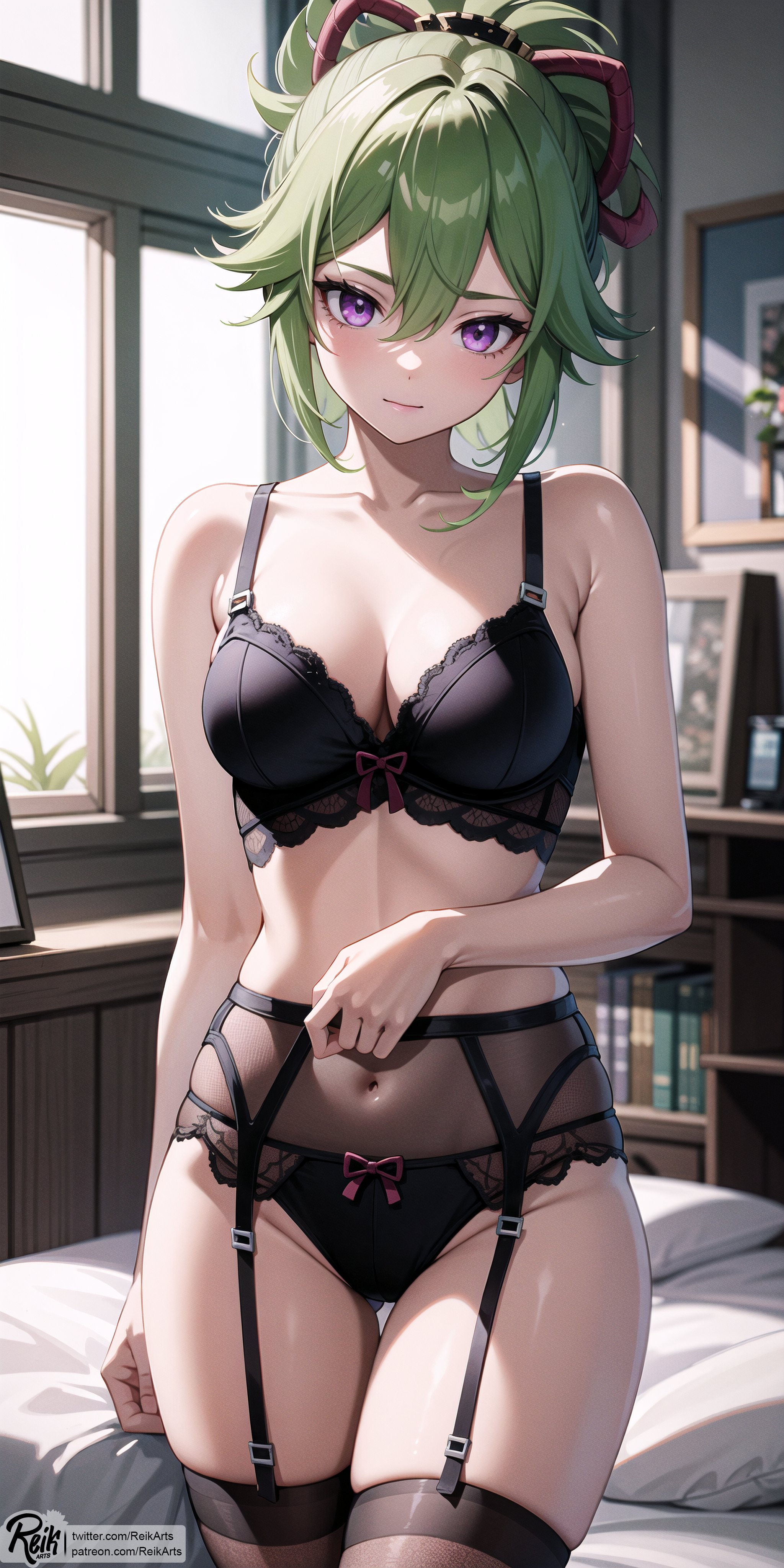 absurd res, ai generated, breasts, female, genshin impact, girly, green hair, kuki shinobu, lingerie, looking at viewer, navel, purple eyes