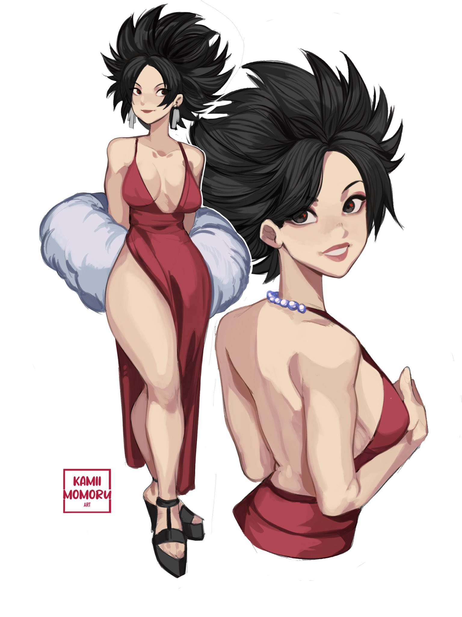 alternate costume, back, backboob, black footwear, black hair, breasts, caulifla, dragon ball, dragon ball super, dress, earrings, evening gown, female, full body, fur, high heels, highres, jewelry, kamii momoru, looking at viewer, multiple views, smile, thick thighs, thighs, white background