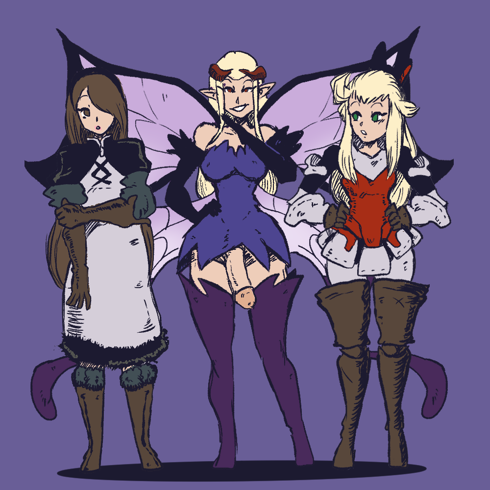 1futa 2girls agnes_oblige airy big_breasts big_penis blonde_hair bottomless bravely_default:_flying_fairy breasts brown_eyes brown_hair clothed clothing edea_lee elbow_gloves female flaccid fully_clothed futanari gloves green_eyes horns human humanoid light-skinned_female light-skinned_futanari light_skin long_hair mostly_clothed penis red_eyes shishikasama standing wings