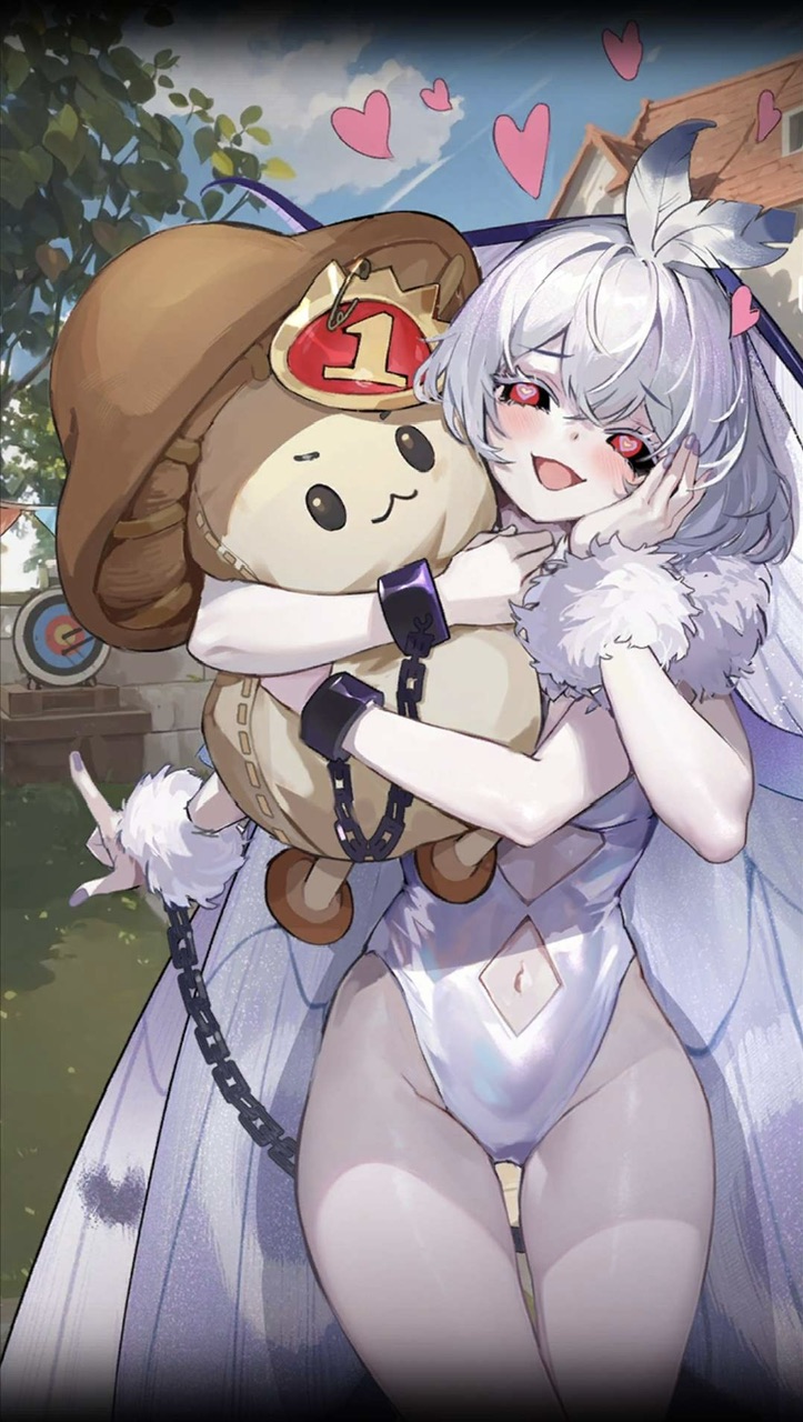 1girls :3 belly_button blush chained_wrists chains game_cg heart heart-shaped_pupils isekai_slow_life moth_girl multi_arm multi_limb otherin painted_nails plushie red_eyes white_hair