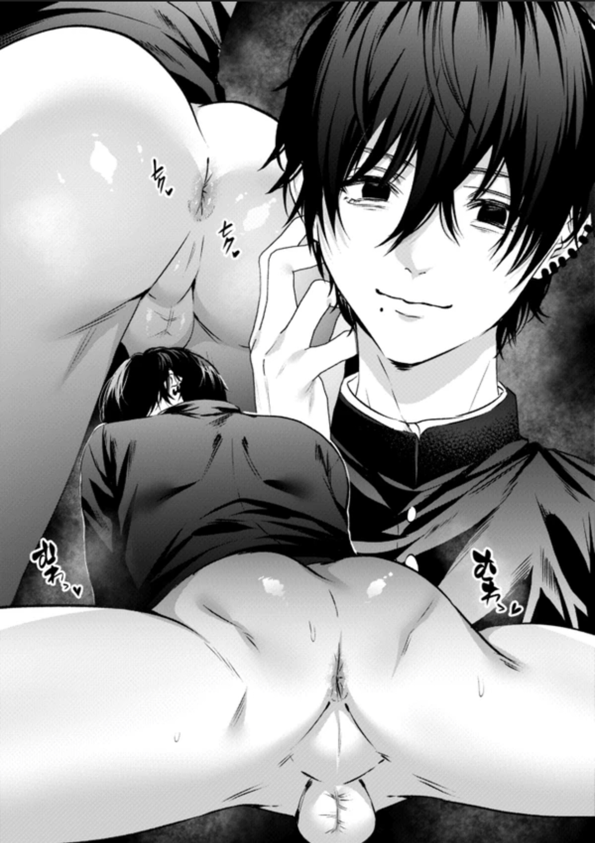 1boy, ass, ass focus, balls, black eyes, black hair, chainsaw man, clenching, exposed anus, exposed ass, exposed balls, gay, hirofumi yoshida, male, male only, marao, monochrome, shiny ass, smile, smiling, solo male, source request, splits, sweat, yaoi