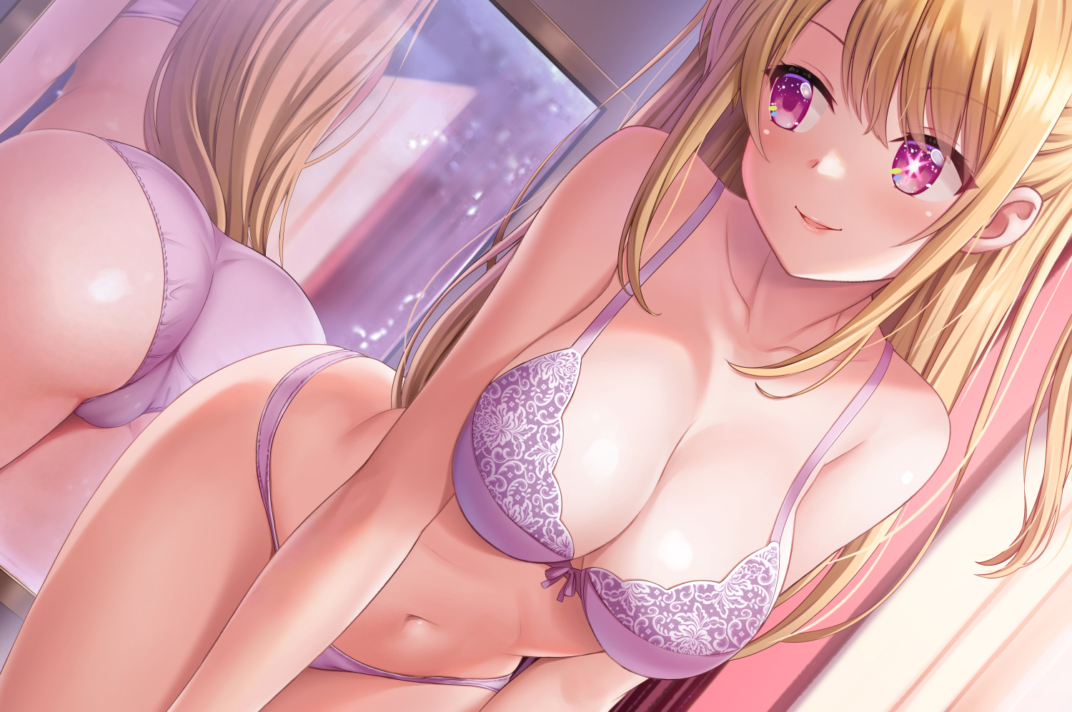 ass, bent over, bra, breasts, cameltoe, denhijou niki, fat pussy, female, hoshino ruby, huge ass, huge breasts, lingerie, looking at mirror, mirror, oshi no ko, panties, pussy, reflection, smile