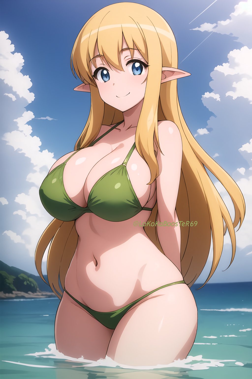 1girls ai_generated beach big_breasts bikini bikini_bottom bikini_top blonde blonde_female blonde_hair blonde_hair_female blue_eyes elf elf_ears elf_female elf_girl green_bikini long_hair smile smiling smiling_at_viewer standing_in_water tagme tiffania_westwood water zero_no_tsukaima