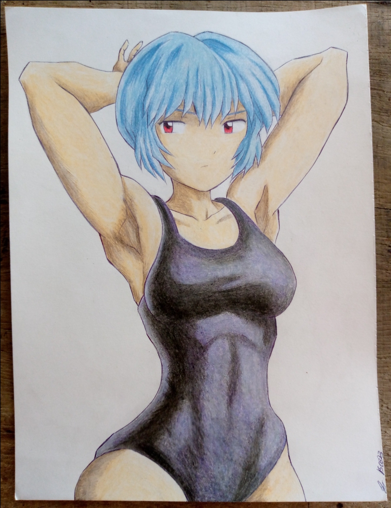 1girls, armpits, arms behind head, breasts, female, gym uniform, light blue hair, medium breasts, neon genesis evangelion, no nude, red eyes, rei ayanami, safe, safe for work, sexy armpits, short hair, swimsuit, traditional art, traditional drawing (artwork), traditional media, traditional media (artwork), yamidanight