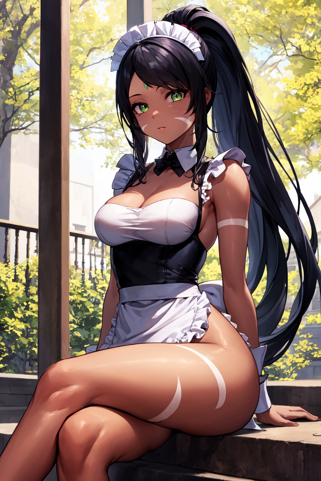 ai_generated black_hair black_hair_female boob_window dark-skinned_female dark_skin female_focus forehead_jewel french_maid_nidalee gem_on_forehead green_eyes green_eyes_female hair_tied jewel_on_forehead league_of_legends maid maid_apron maid_headdress maid_outfit maid_uniform nidalee ponytail riot_games skimpy skimpy_clothes skimpy_dress skimpy_outfit solo solo_female solo_focus the_grind_series tribal_markings tribal_tattoo tribal_tattoos