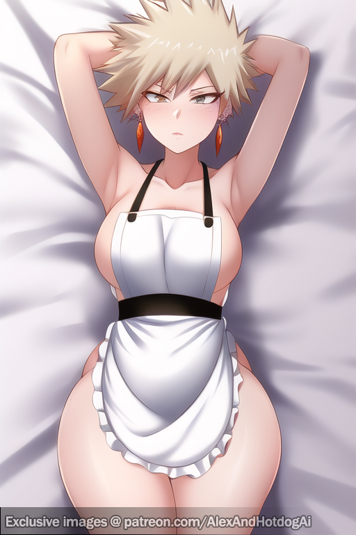 ai_generated alexandhotdogai apron armpits arms_behind_back arms_behind_head arms_up big_ass big_butt blonde_hair boku_no_hero_academia dakimakura dakimakura_(medium) dakimakura_design earrings enormous_breasts female hazel_eyes huge_breasts jewelry large_breasts maid_apron maid_uniform milf mitsuki_bakugou mother my_hero_academia naked_apron narrowed_eyes partially_clothed short_hair spiky_hair stable_diffusion tan_hair thick thick_thighs wide_hips