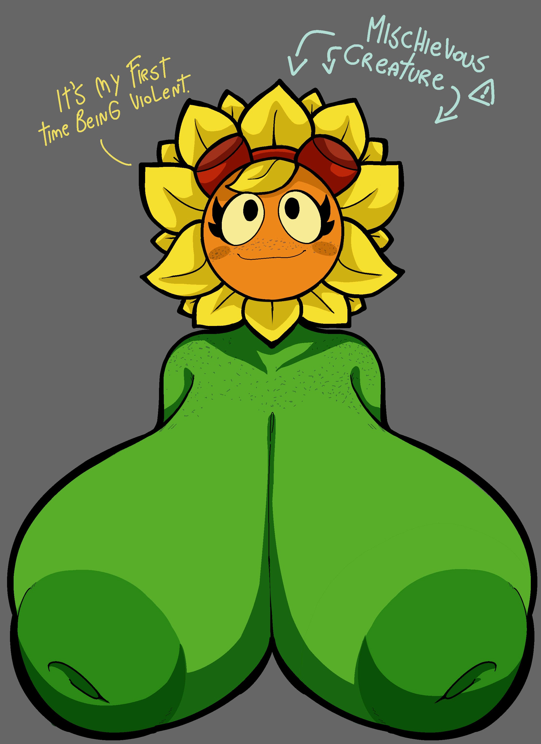 2023, 2d, 2d (artwork), areolae, big breasts, blush, breasts, cumlord, cumlord (artist), dialogue, eyelashes, female, female only, freckles, green body, green skin, grey background, inverted nipples, just coffee, large breasts, plant, plantie, plants vs zombies, plants vs zombies: heroes, popcap games, smiling, solar flare (pvz), solo, sunflower, sunflower (pvz), tagme, yellow hair