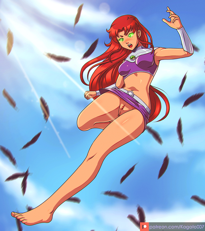 1girls alien alien_girl belt bracelet dc dc_comics exposed_pussy exposed_vagina feathers feet flying glowing_eyes green_eyes kagato007 long_hair long_hair_female no_panties patreon_username pussy pussy_exposed red_hair skirt sky starfire sun superheroine teen_titans