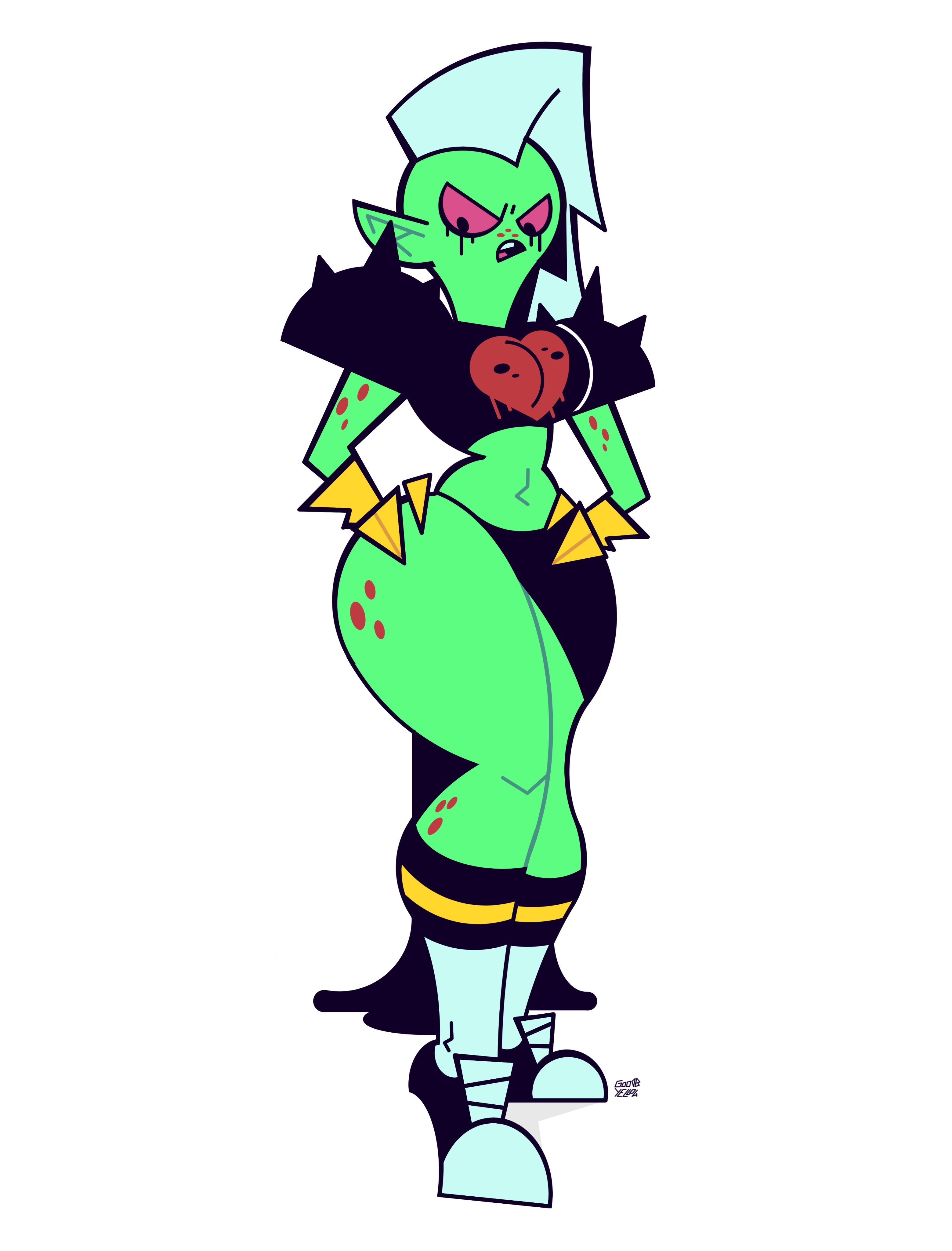 bleeding mascara, breasts, crop top, female, female only, gloves, goodbyellow, green skin, hand on hip, looking down, lord dominator, mascara, red eyes, shoes, shoulder pads, skirt, socks, tagme, thick thighs, wander over yonder, white hair, wide hips