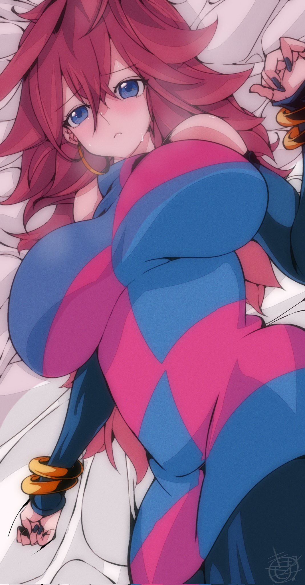 1girls, android, android 21, android 21 (human), arc system works, bandai namco, bed sheet, big breasts, blue eyes, blush, bracelets, breasts, brown hair, dragon ball, dragon ball fighterz, earrings, elbow gloves, exposed shoulders, fanart, female, gold jewelry, hair between eyes, laying down, laying on bed, long hair, looking at viewer, messy hair, omochi db, turtleneck, voluptuous, voluptuous female, vomi (dragon ball)