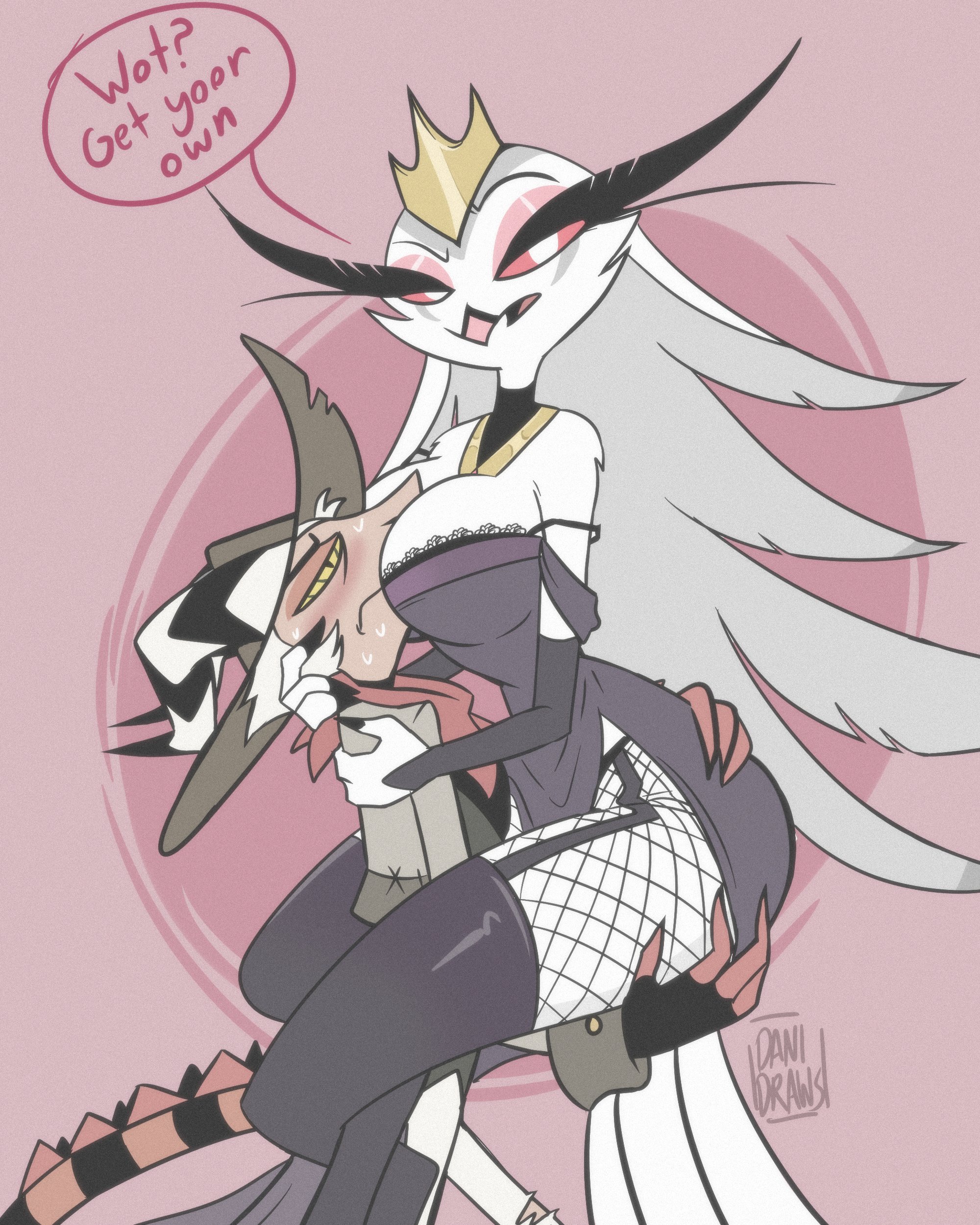big breasts, big thighs, blushing, blushing at another, blushing profusely, breasts, carrying, cowboy, cowboy hat, danidrawsandstuff, female, helluva boss, stella (helluva boss), striker (helluva boss), tagme