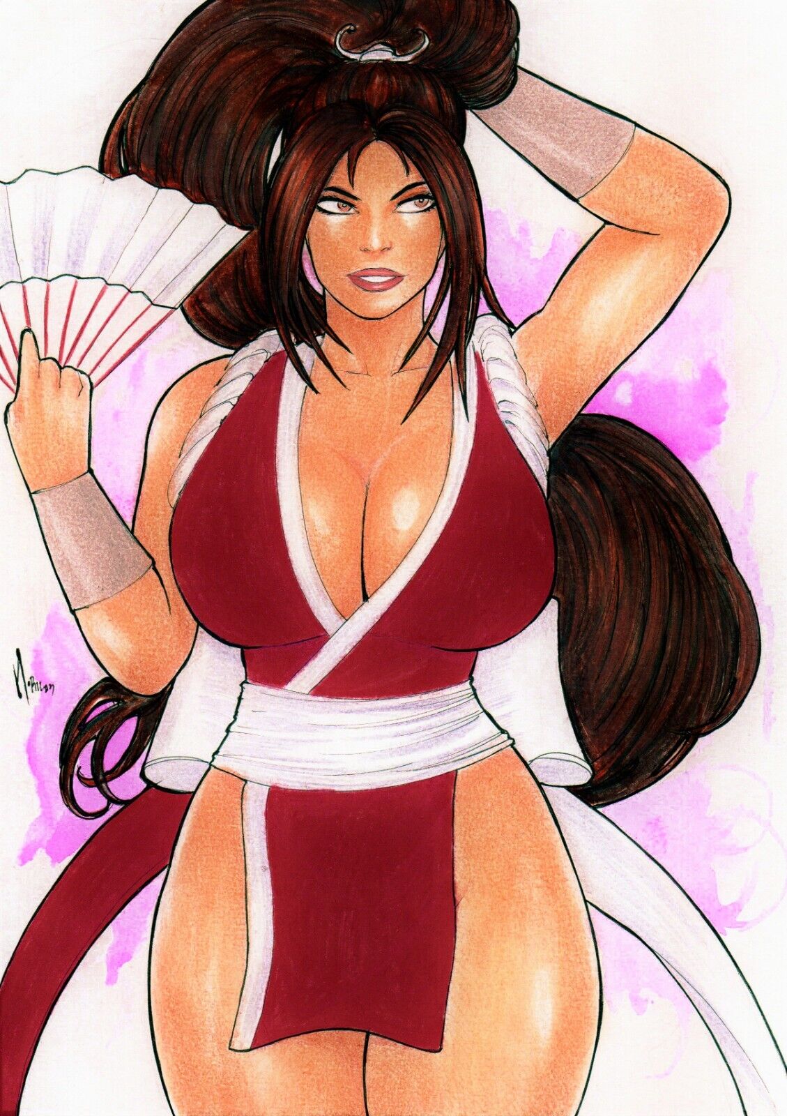 1girls 2023 breasts cowboy_shot ed_benes_studio fan fatal_fury female_focus female_only hi_res holding_fan homero_ricardo huge_breasts long_hair looking_at_viewer mai_shiranui pinup seductive_look signature solo_female solo_focus thighs