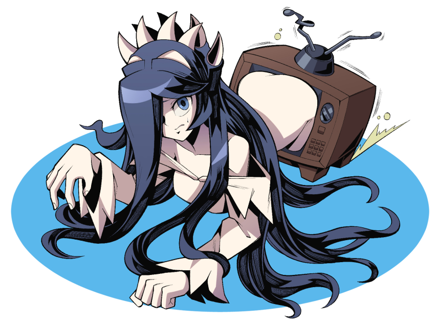 alternate costume, ass, black hair, blue eyes, crawling, dress, female, filia (skullgirls), long hair, looking at viewer, pechamaju, samson (skullgirls), skullgirls, solo, sweatdrop, television, the ring, through screen, yamamura sadako, yamamura sadako (cosplay)